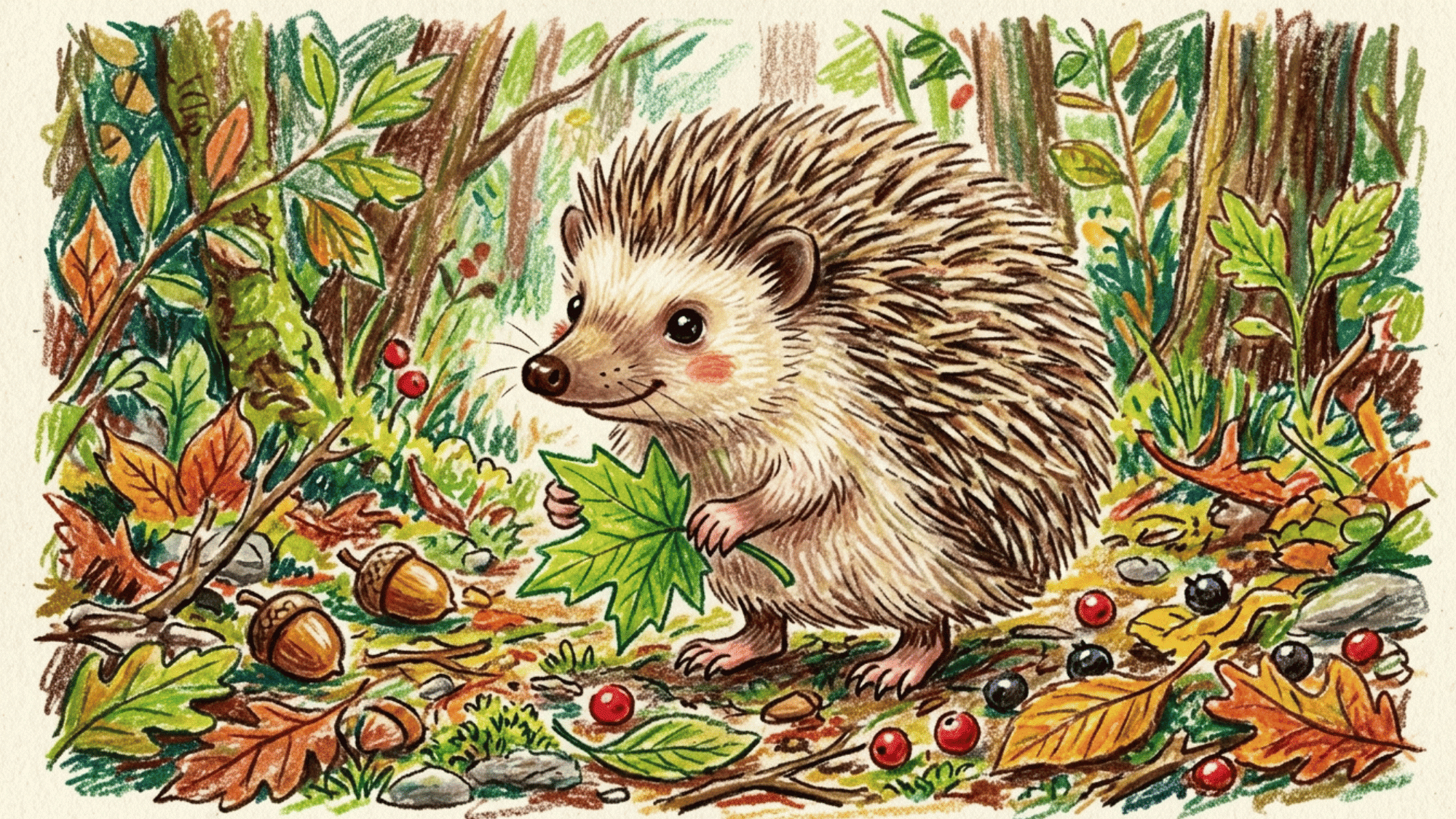 cute hedgehog drawing holding a leaf with soft spikes, berries, and woodland details