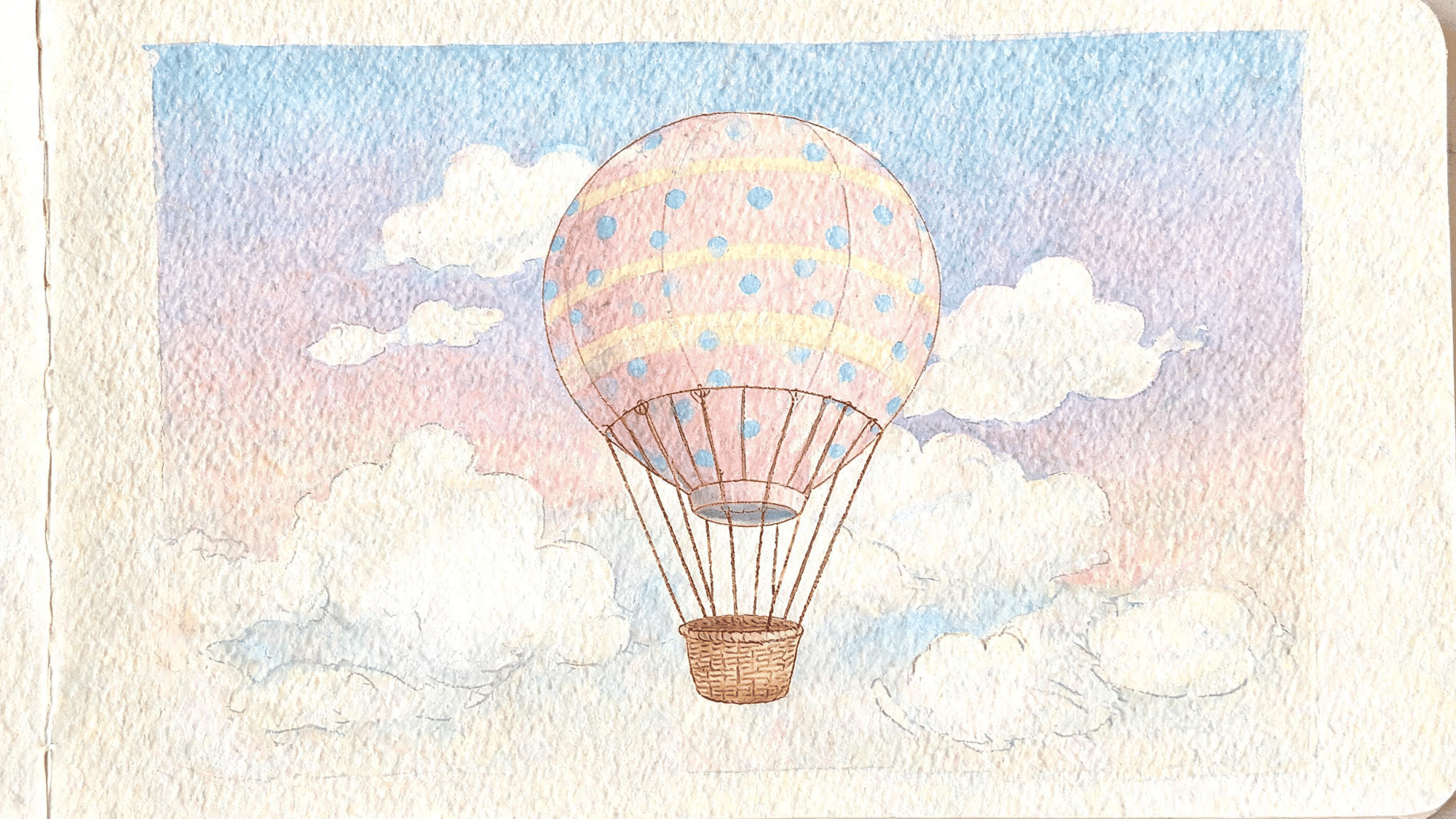 cute hot air balloon drawing floating through clouds with a basket and pastel patterns