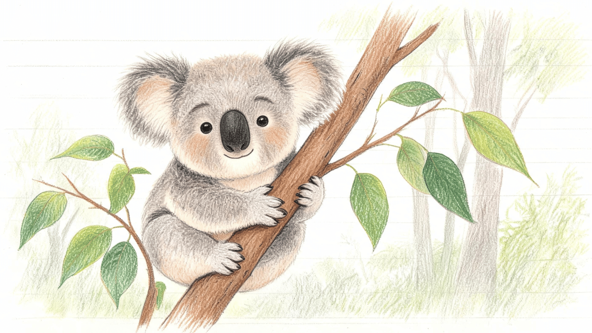 cute koala drawing hugging a tree branch with eucalyptus leaves on a realistic sketchbook page
