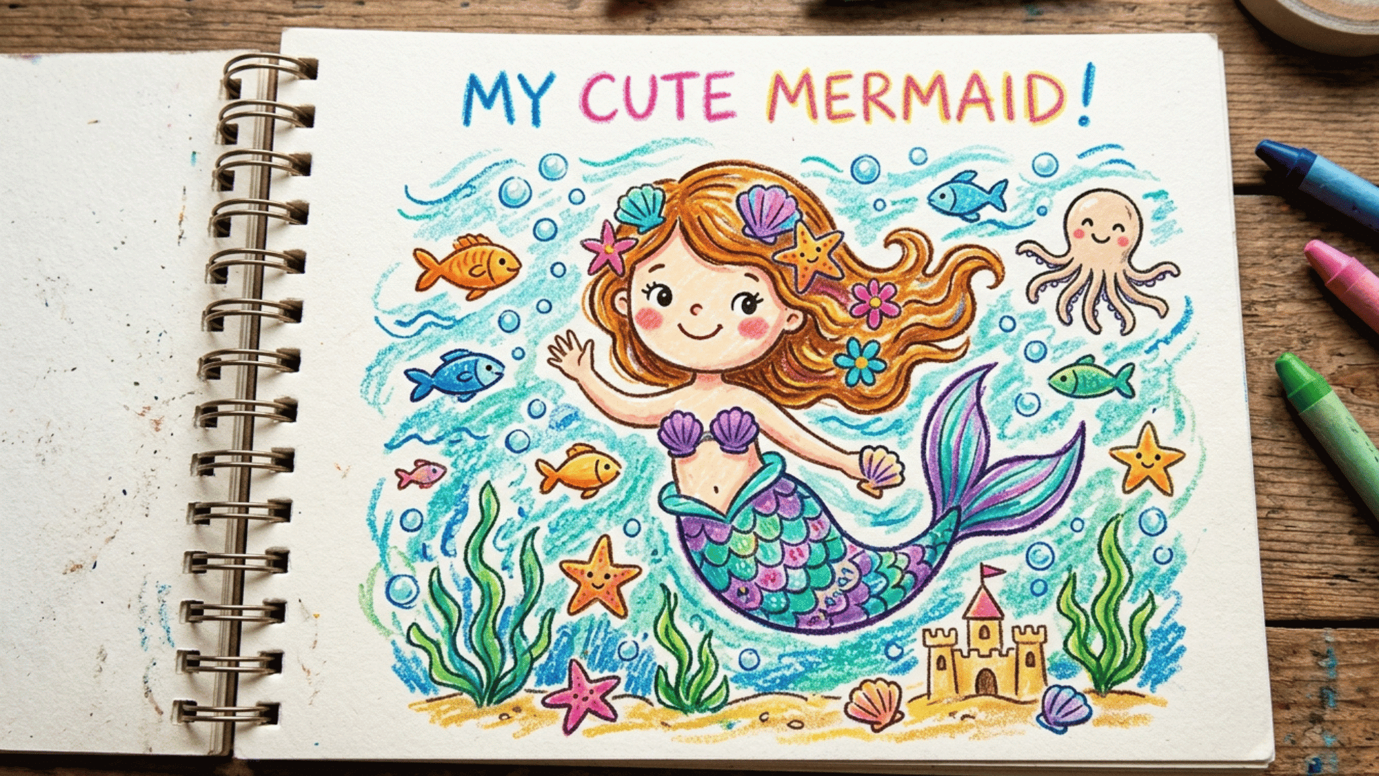 cute mermaid drawing sitting on a rock with flowing hair, fish tail, pearls, and bubbles
