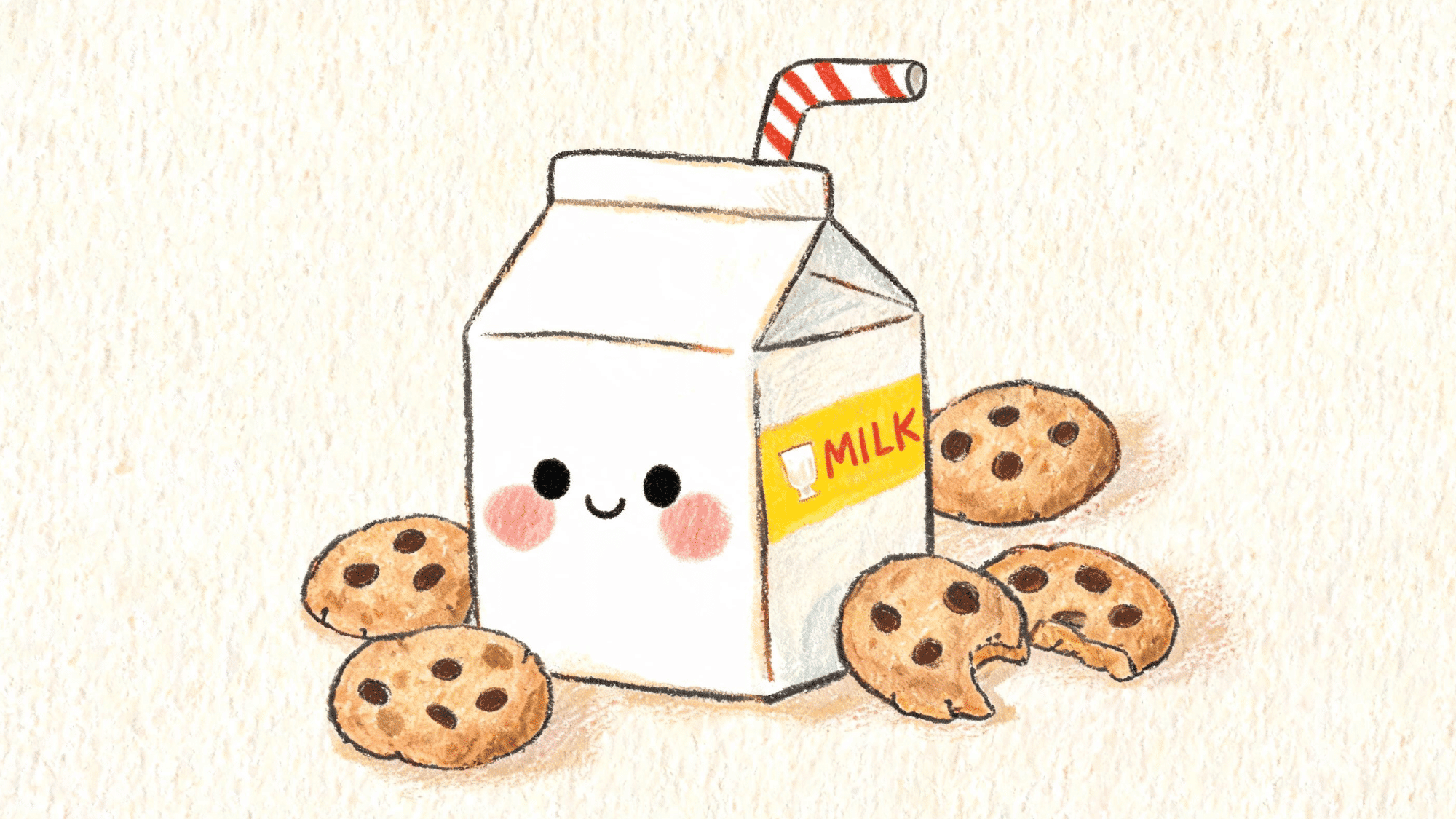 cute milk carton drawing with a straw, blush marks, label design, and cookies nearby