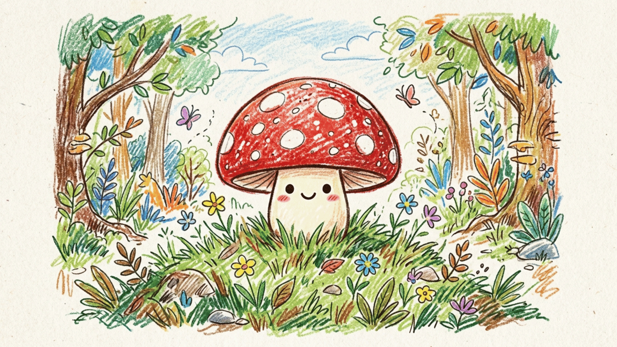 cute mushroom realisitic drawing made of pencil colors