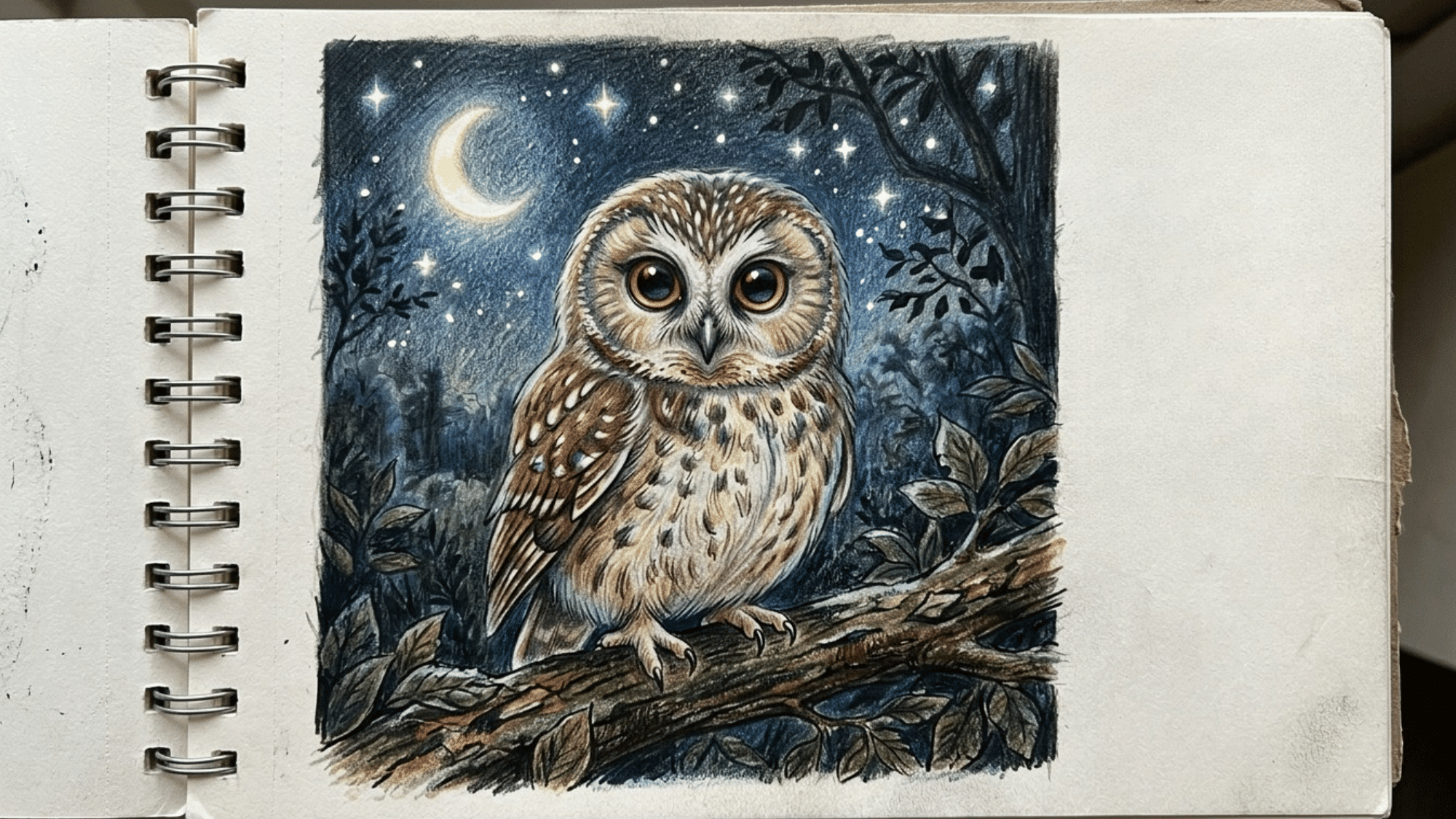 cute owl drawing sitting on a branch with big eyes, feather patterns, and moonlit tree