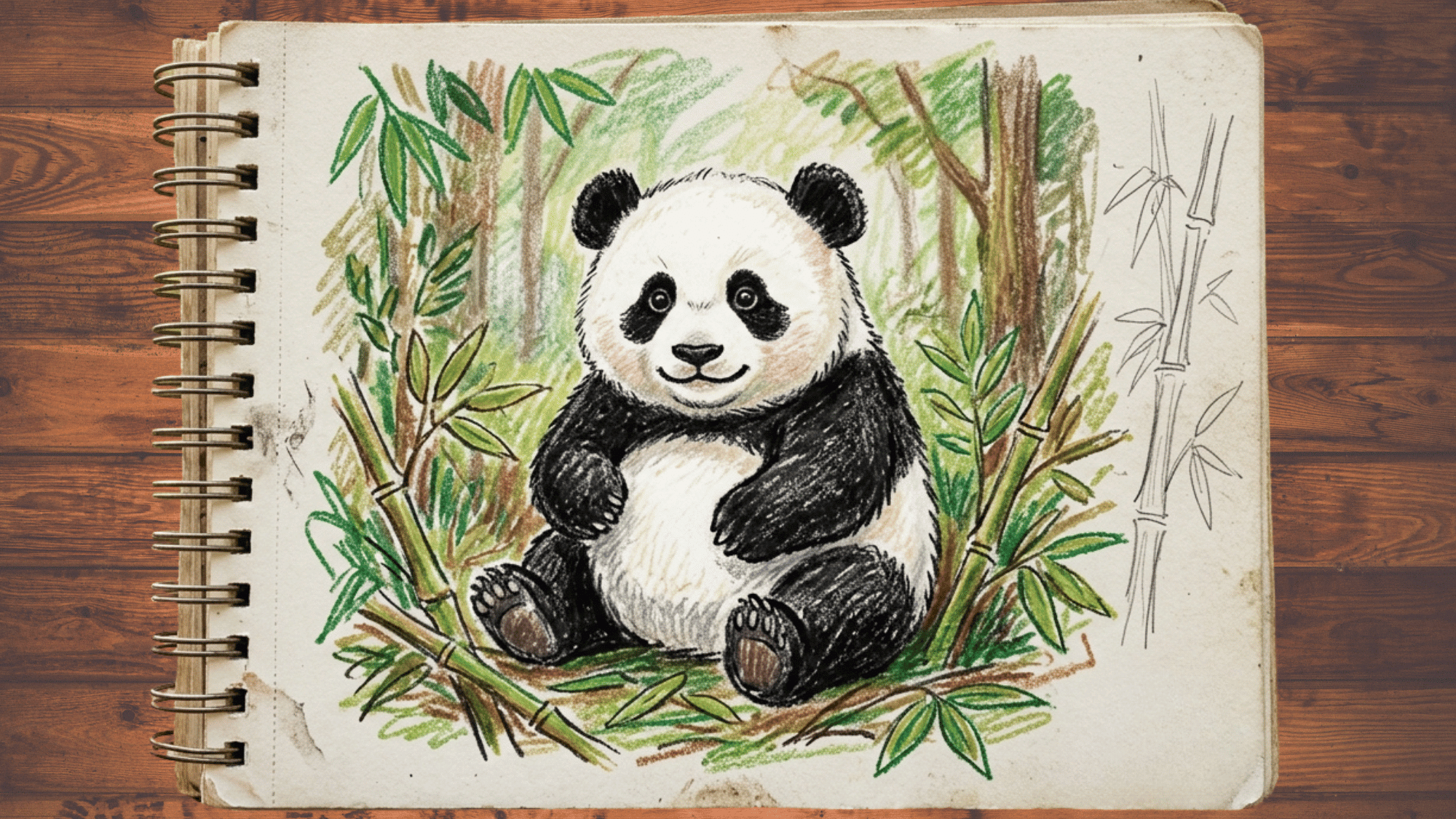 baby panda drawing sitting with bamboo leaves, round face, eye patches, and tiny paws