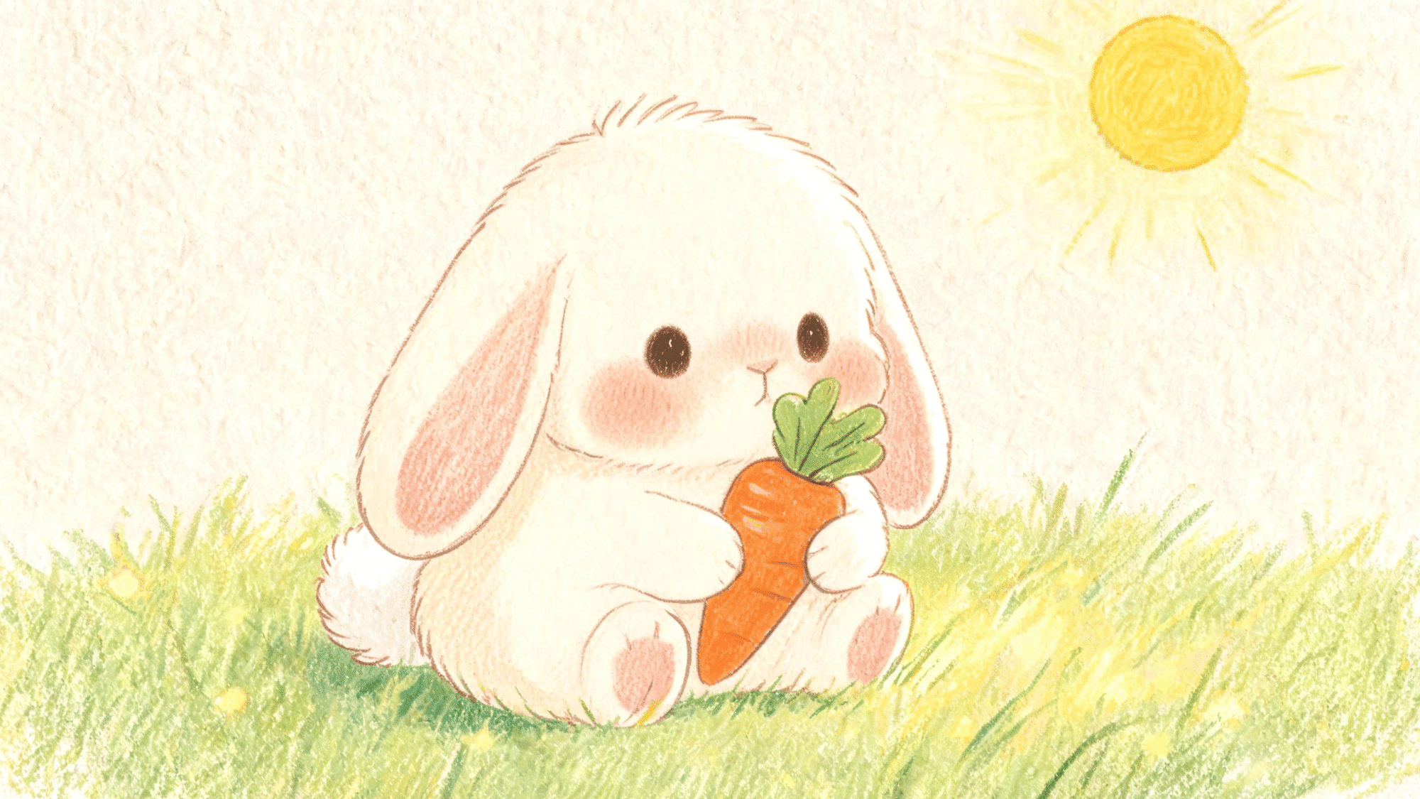 chubby bunny drawing sitting with a carrot, long ears, round cheeks, and fluffy tail