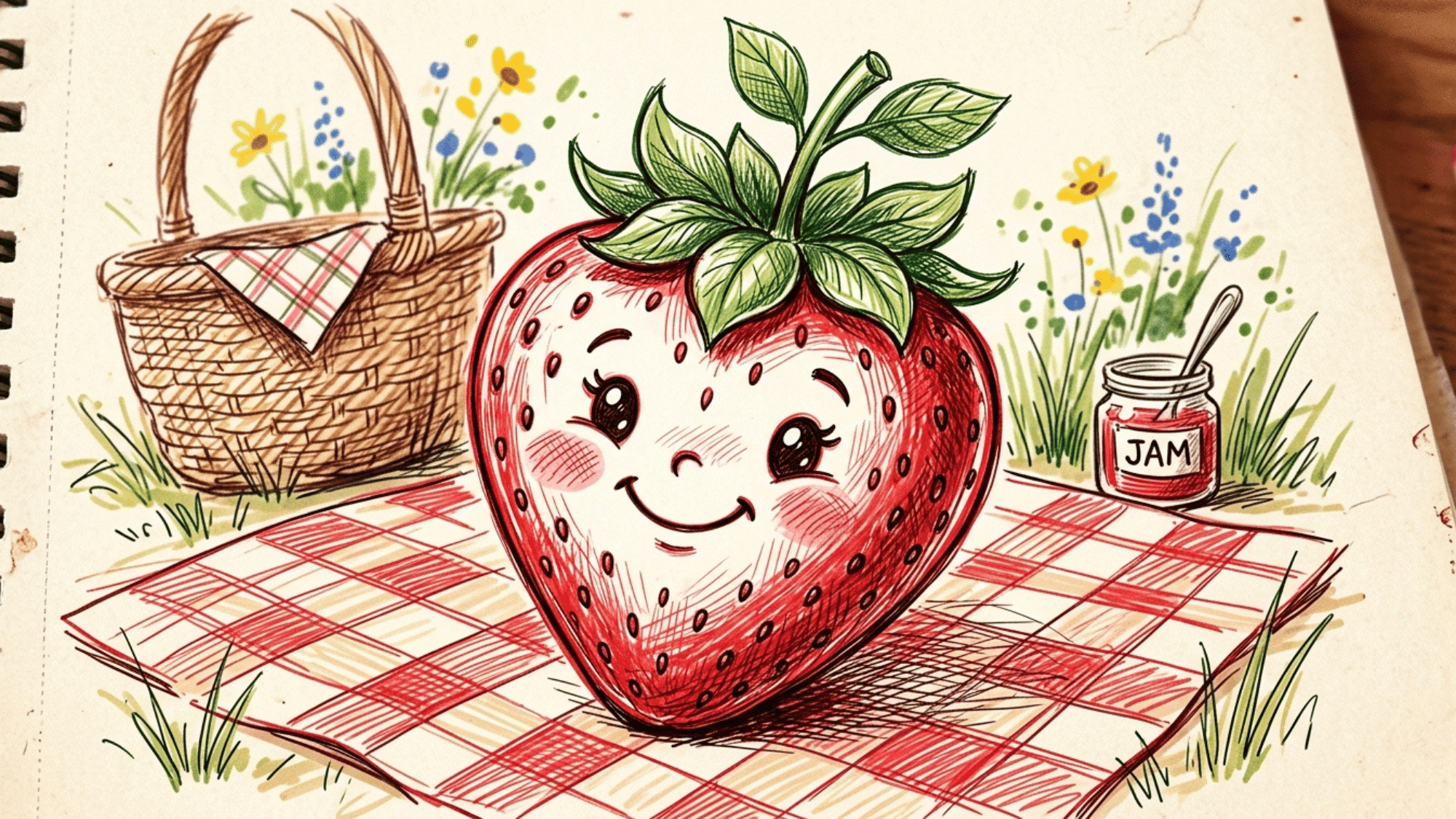 smiling strawberry drawing with leafy top, tiny seeds, rosy cheeks, and picnic background