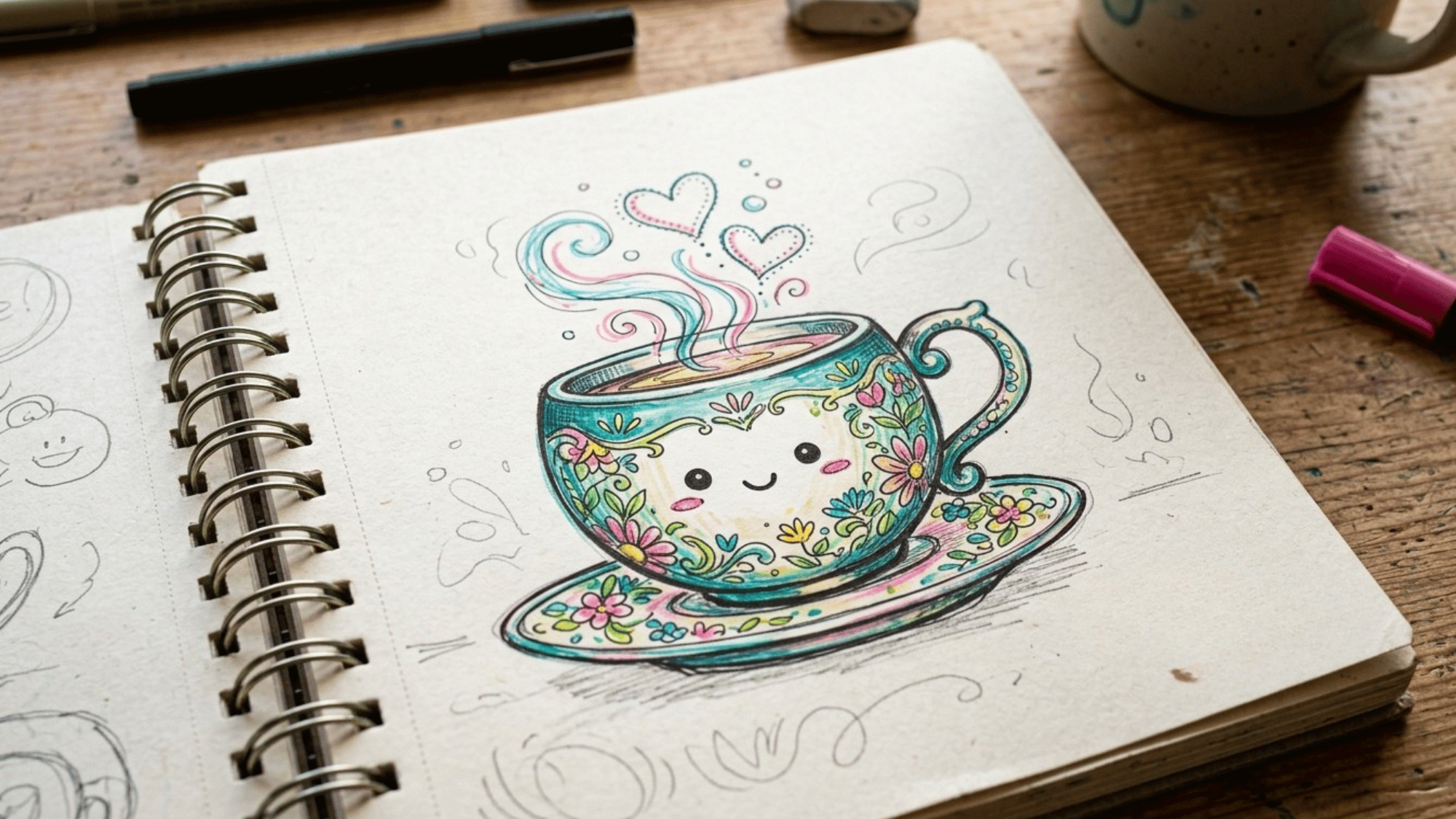 cute teacup drawing with a smiling face, steam hearts, saucer, and floral patterns