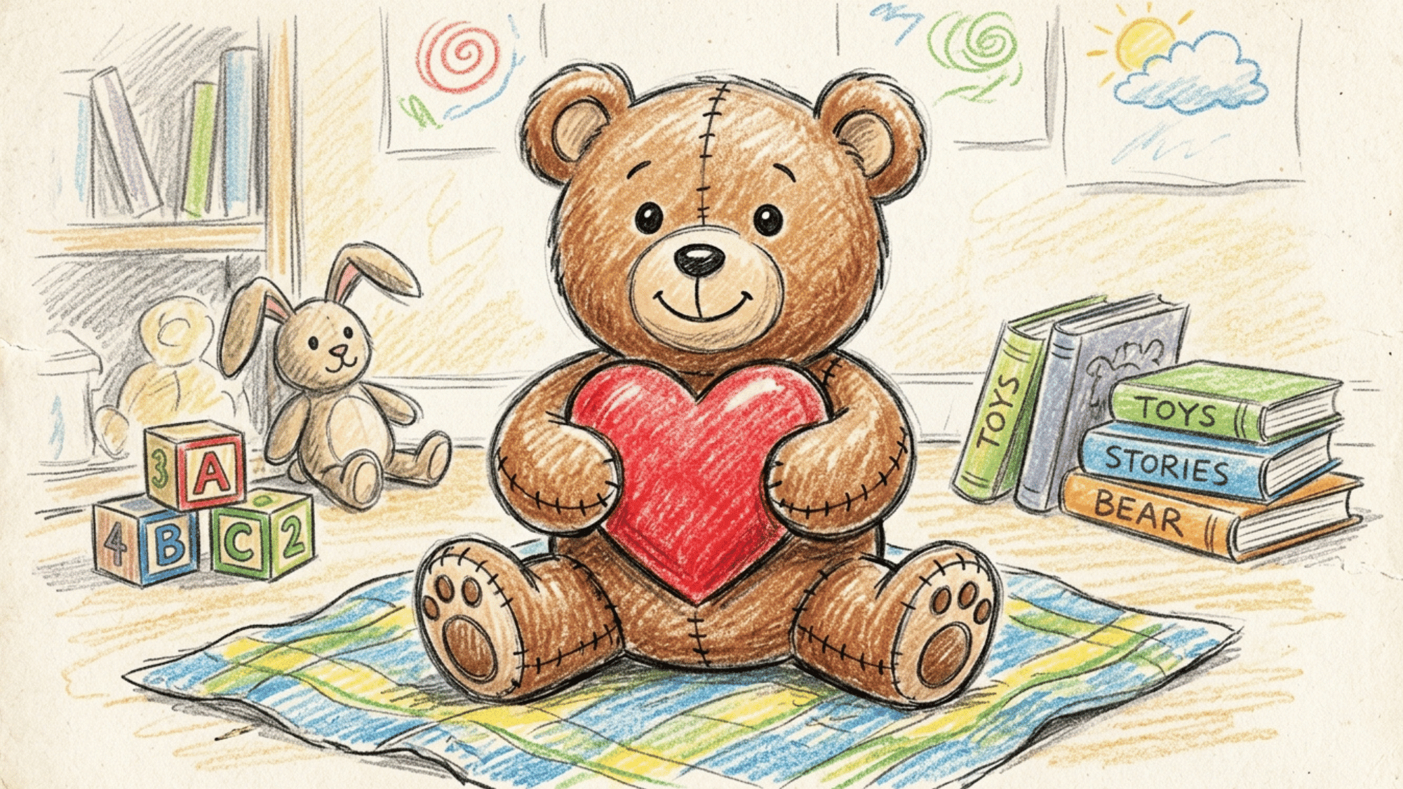 teddy bear drawing sitting with a heart, button nose, stitched details, and soft paws