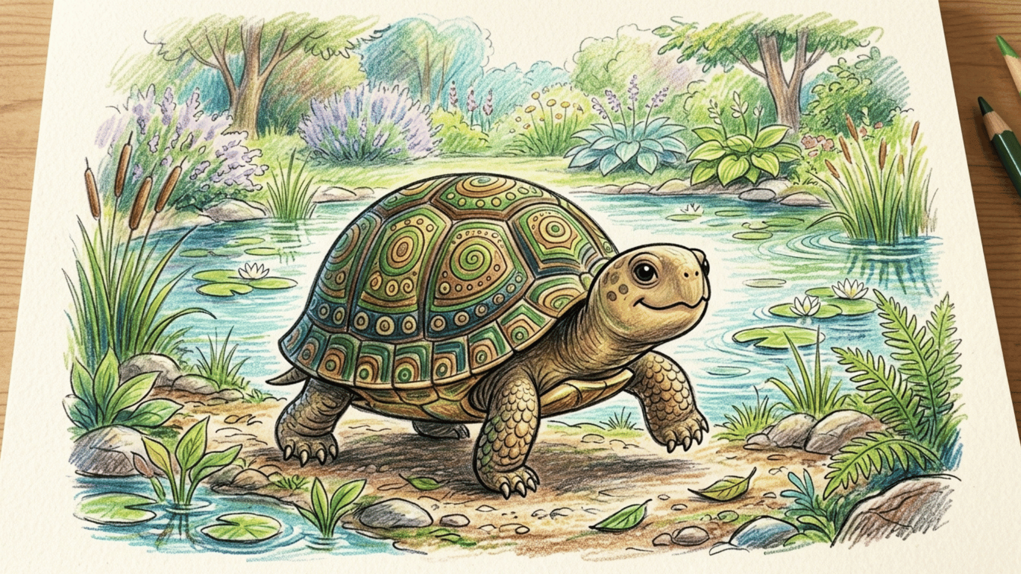sketchbook page showing a cute turtle cartoon drawing made with pencil colors