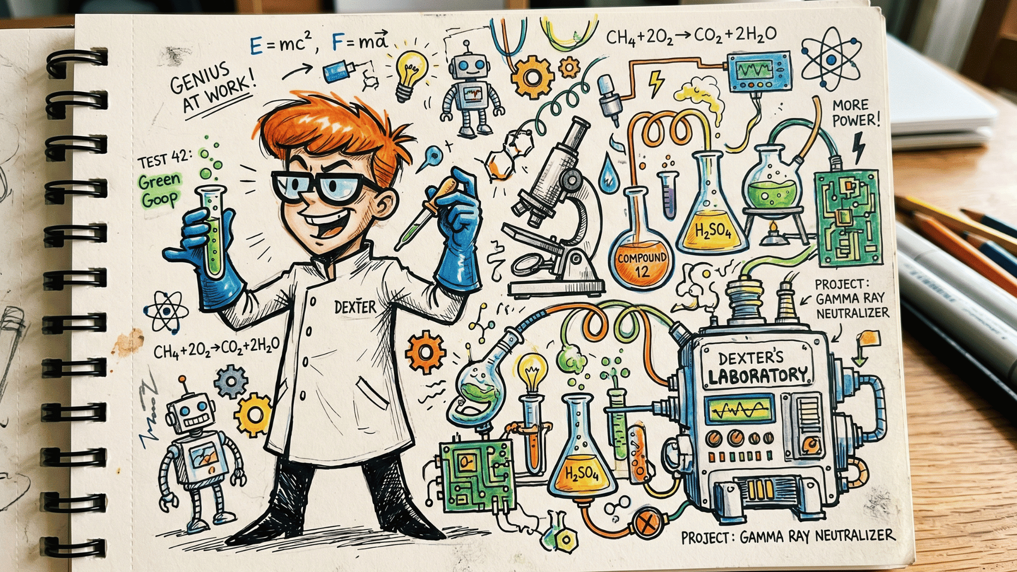 crayon drawing of dexter with science experiments doodle