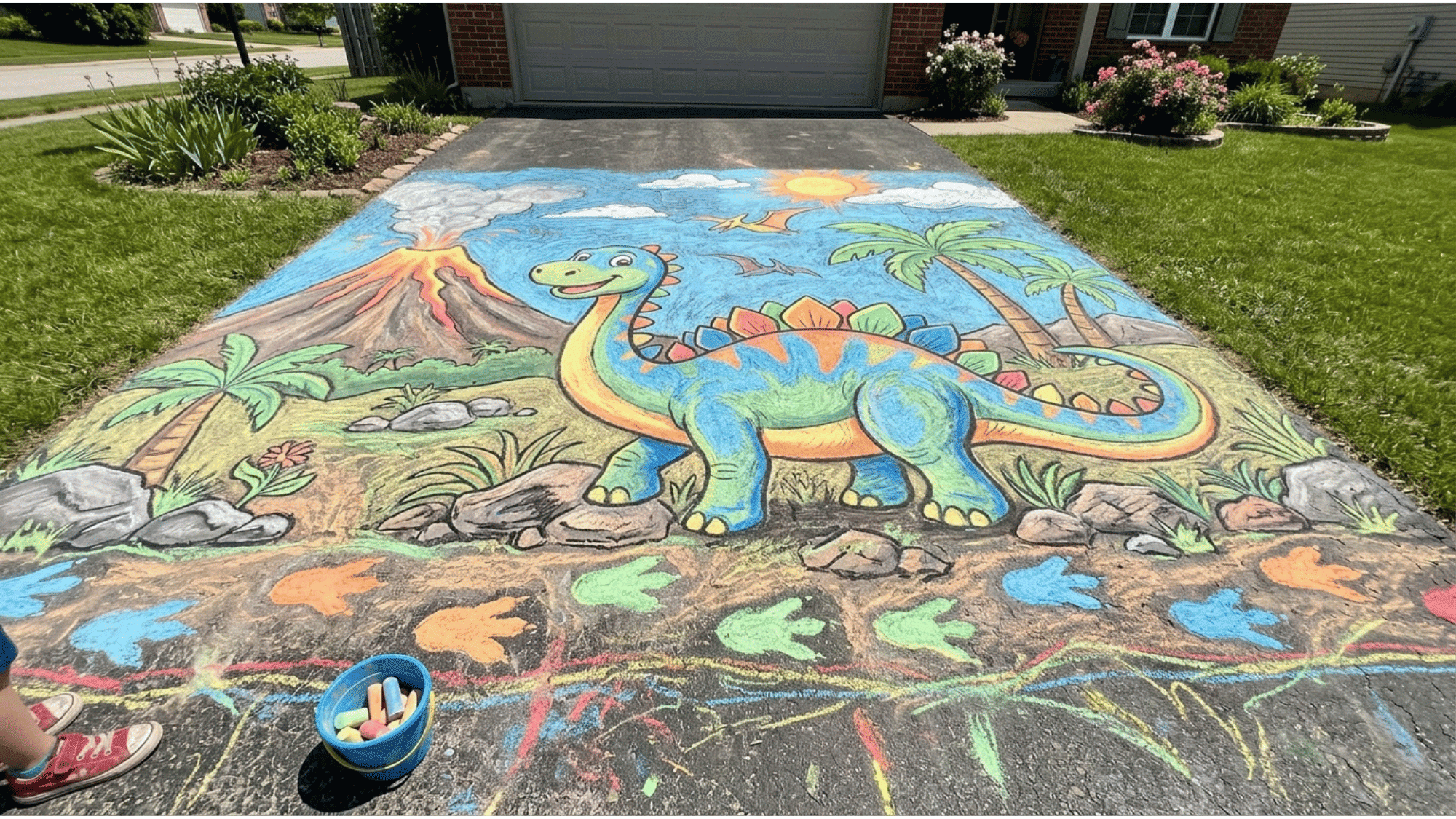 large dinosaur chalk art drawing on a driveway with a friendly dinosaur
