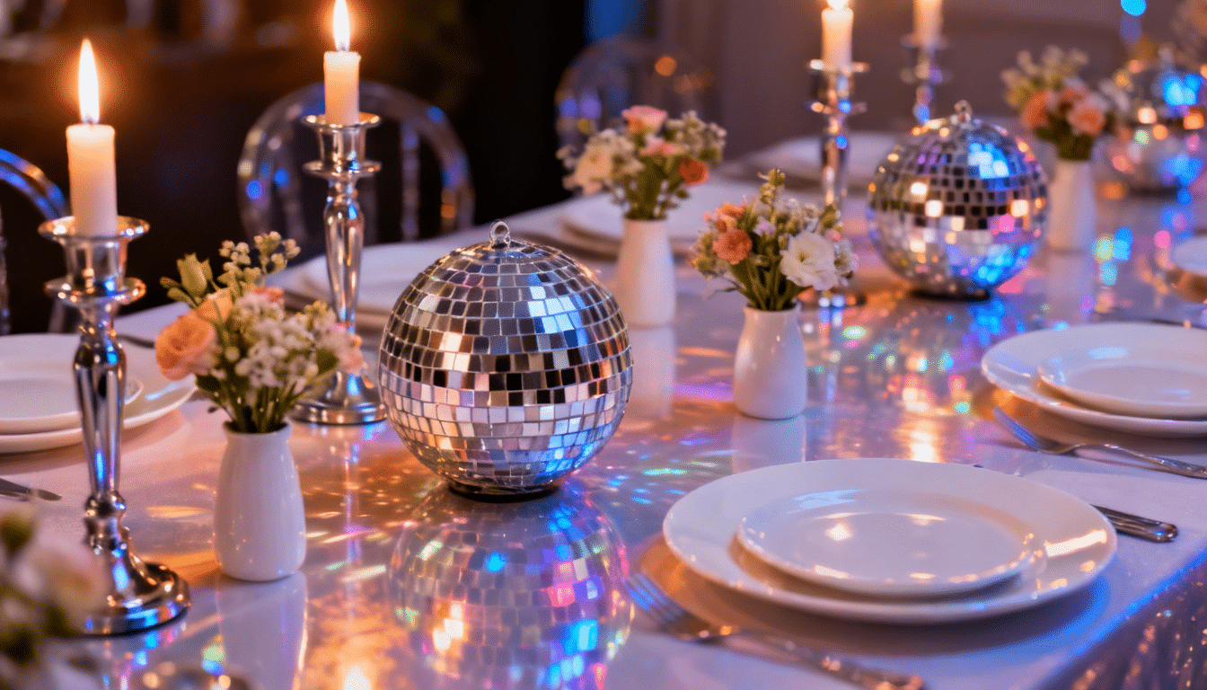 Mini disco ball centerpieces on a modern birthday dinner table with candles.