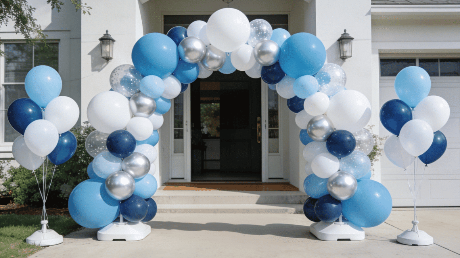 Blue-and-white DIY balloon arch framing an outdoor birthday party entrance.