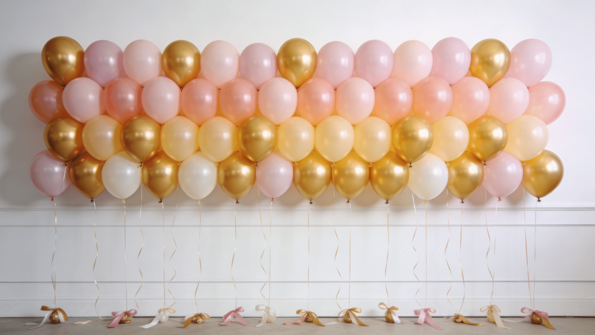 diy balloon photo wall with pastel and gold balloons in a gradient pattern as a birthday party backdrop