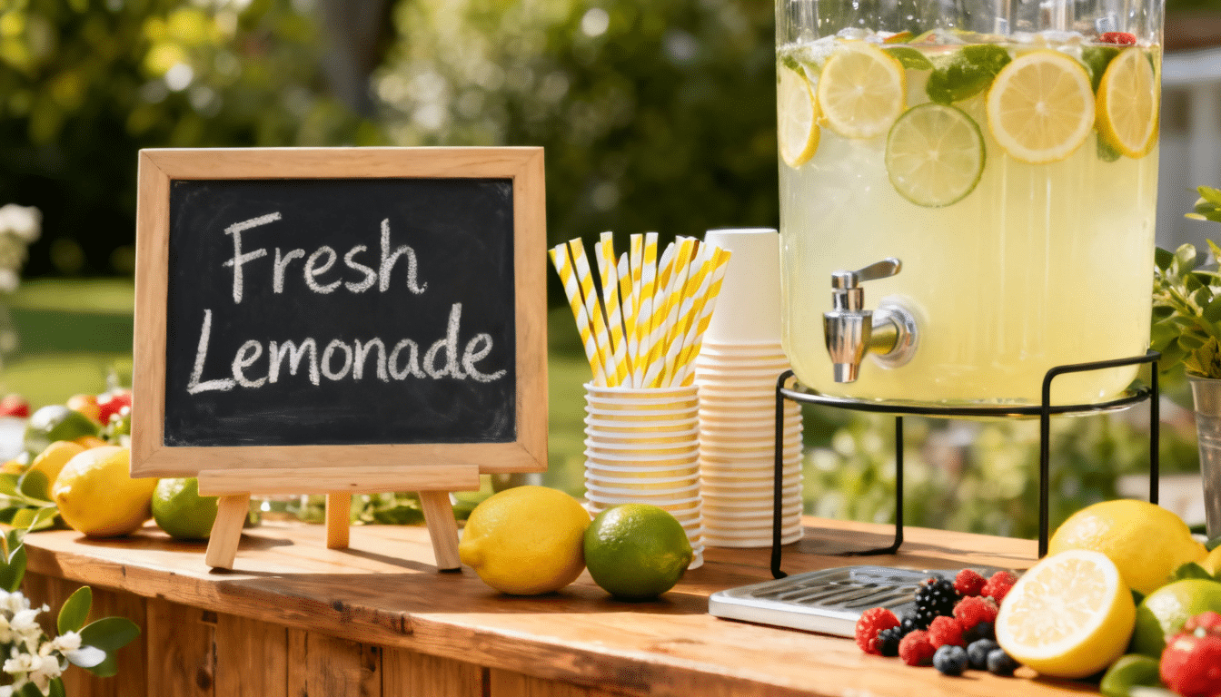 DIY drink station sign beside lemonade, cups, and straws for a summer party.