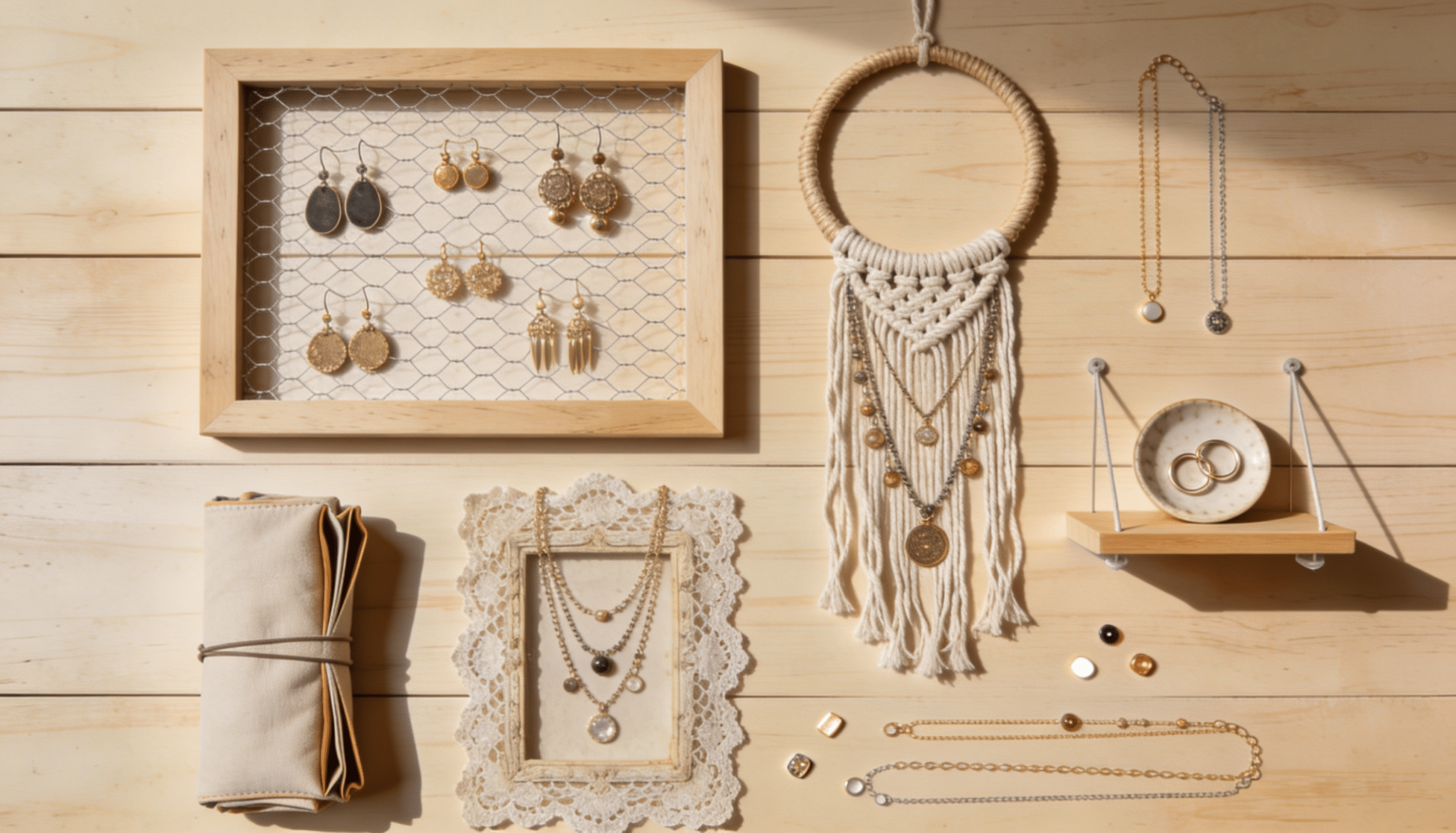 A styled flat-lay of multiple DIY jewelry organizer ideas including macrame hoops, wire frames, and vintage boards displaying necklaces and earrings.
