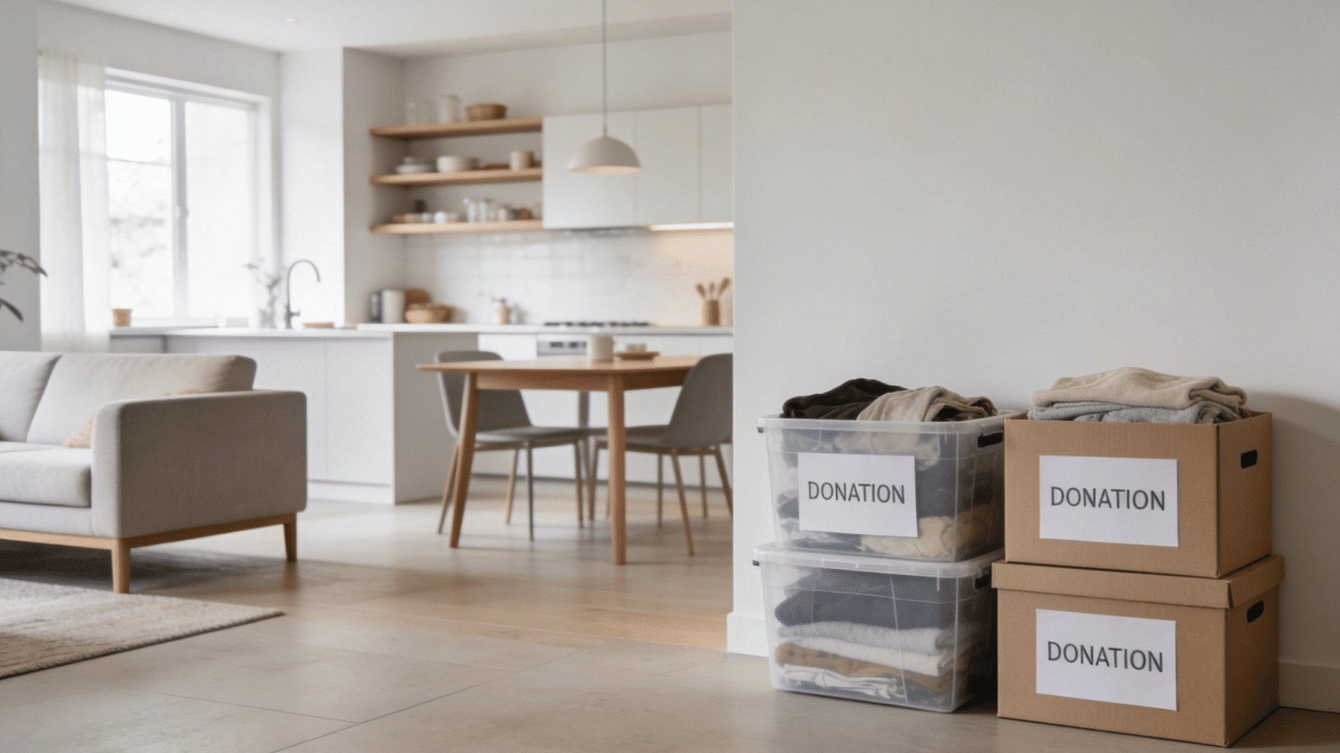 donation boxes filled with folded clothes in a bright minimalist living room beside a modern kitchen area