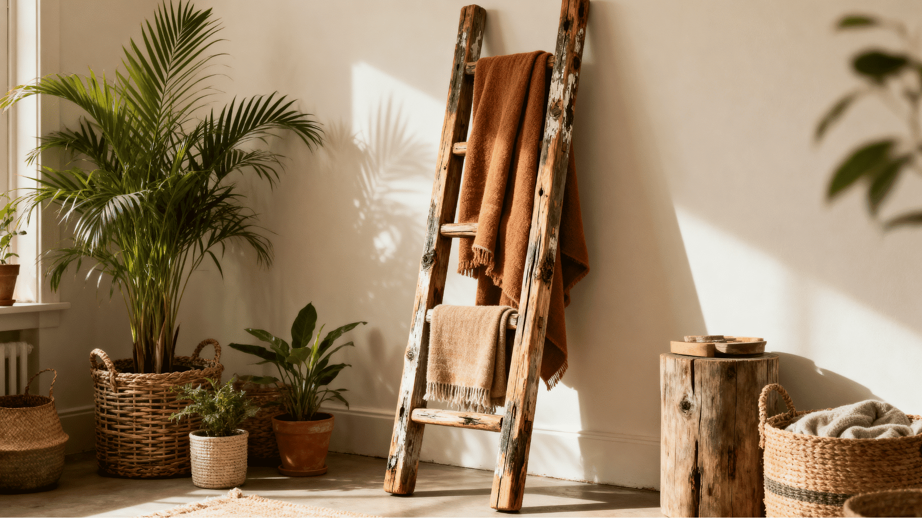 eco-friendly blanket ladder made from reclaimed wood displayed with natural sustainable home décor