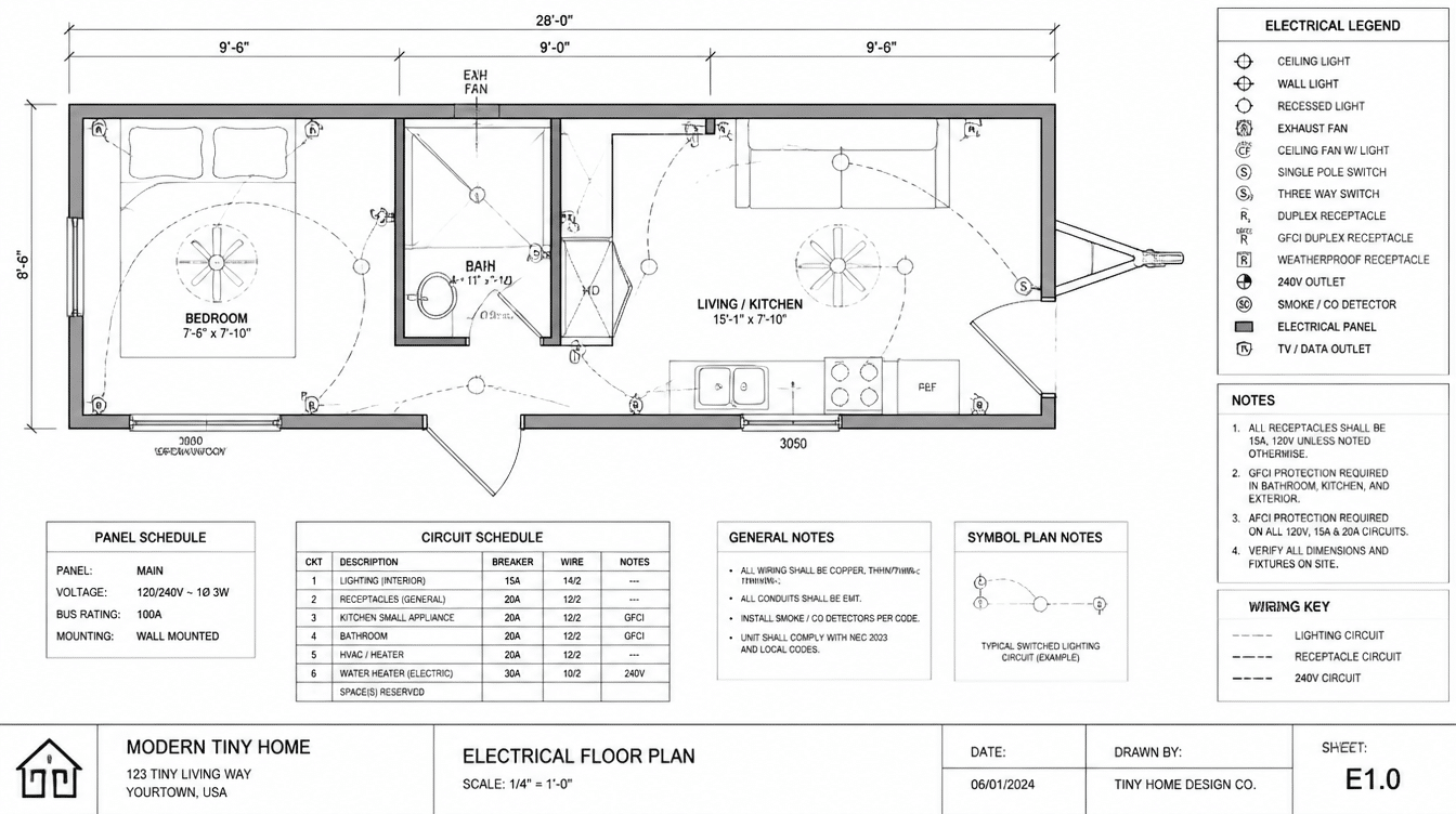 electrical floor plan of a modern tiny home, 28x8.5 ft, showing circuit layout for bedroom, bathroom, and livingkitchen with panel schedule