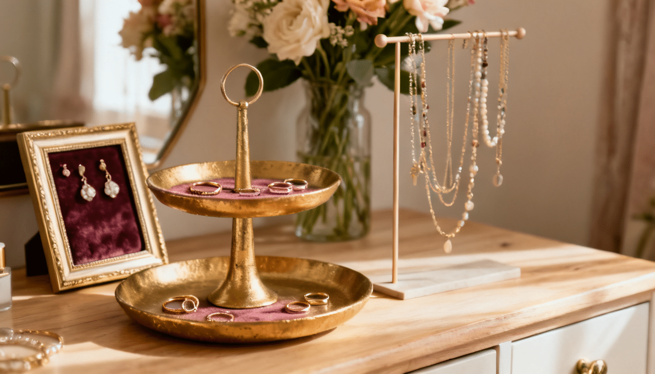 DIY elegant tiered tray and velvet frame jewelry display on a wooden vanity holding rings, earrings, and necklaces neatly.