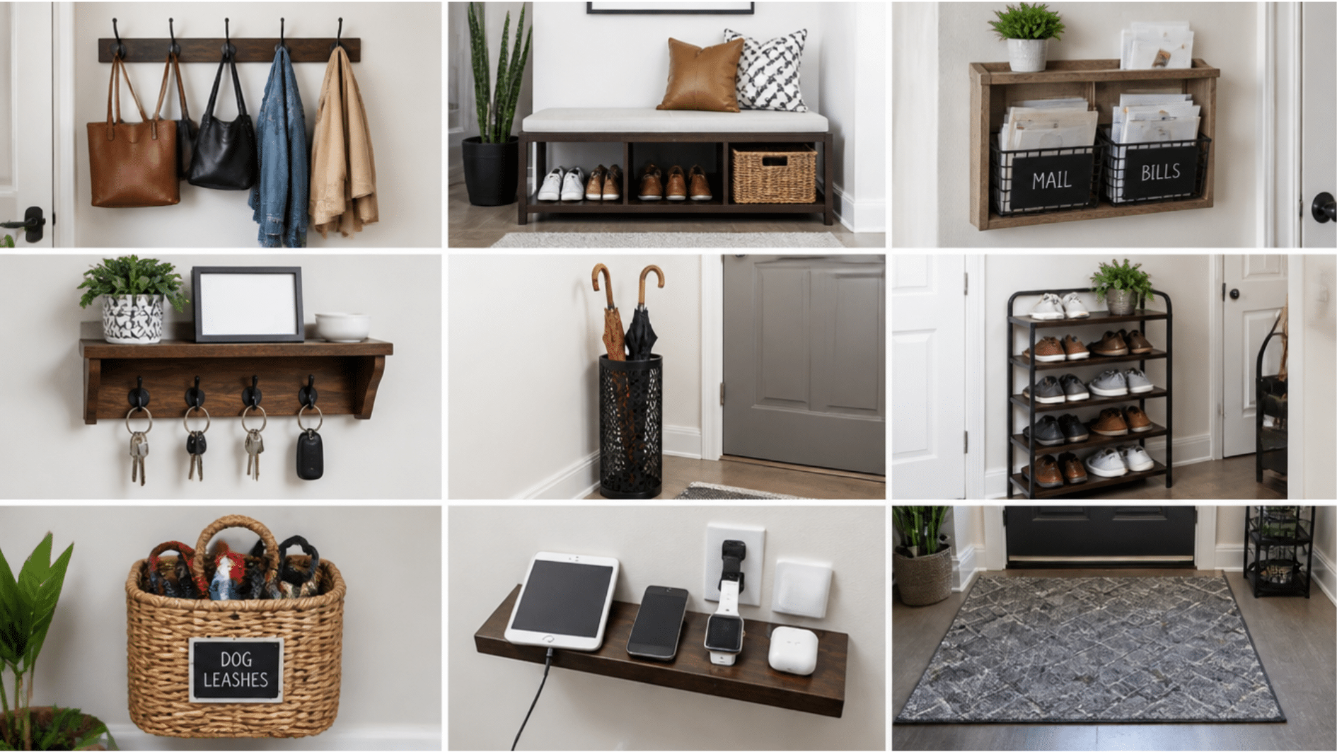 entryway essentials featuring wall hooks shoe rack charging shelf leash basket and patterned entry rug