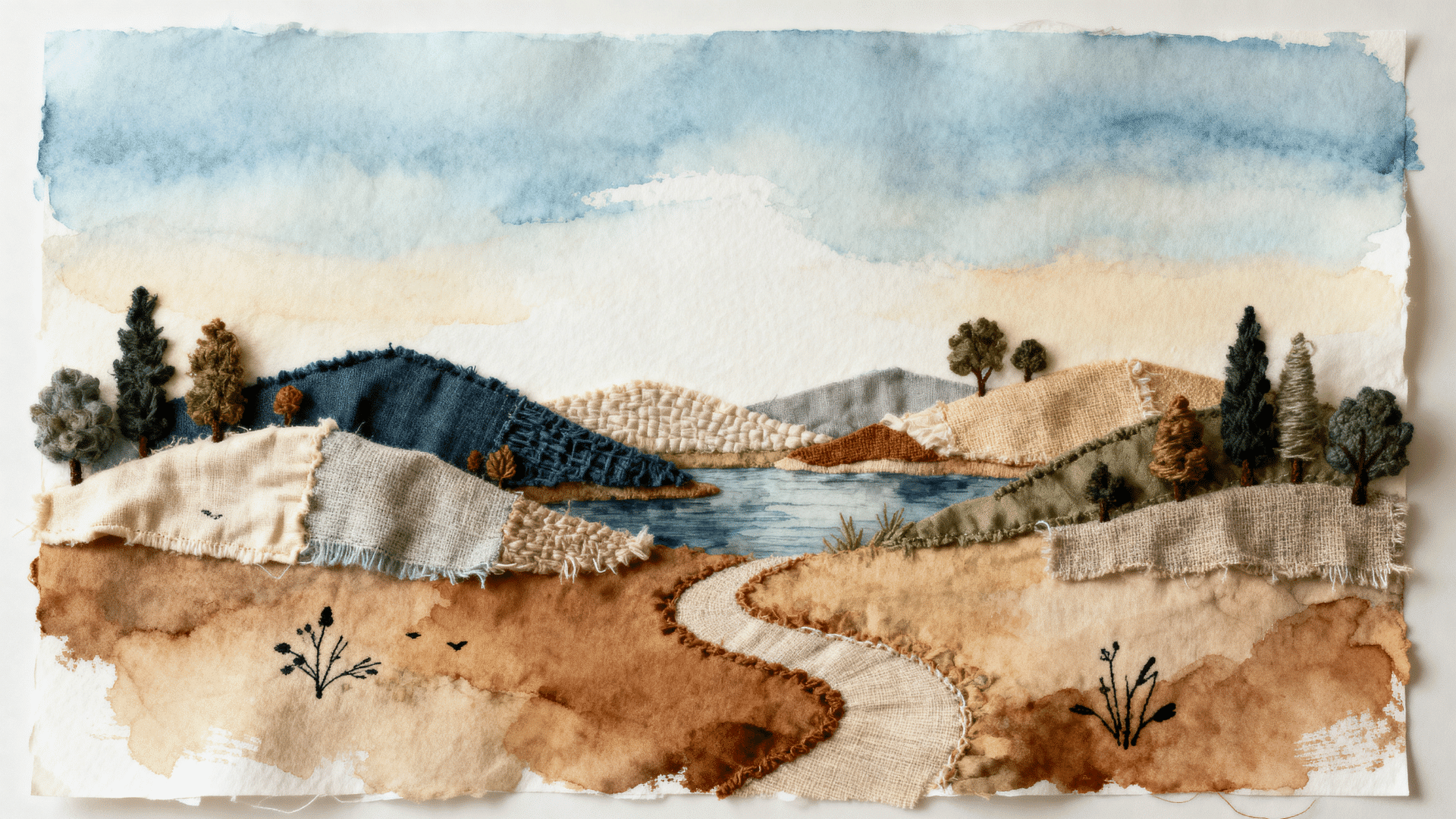 fabric and paint landscape with cloth hills trees and painted sky on paper