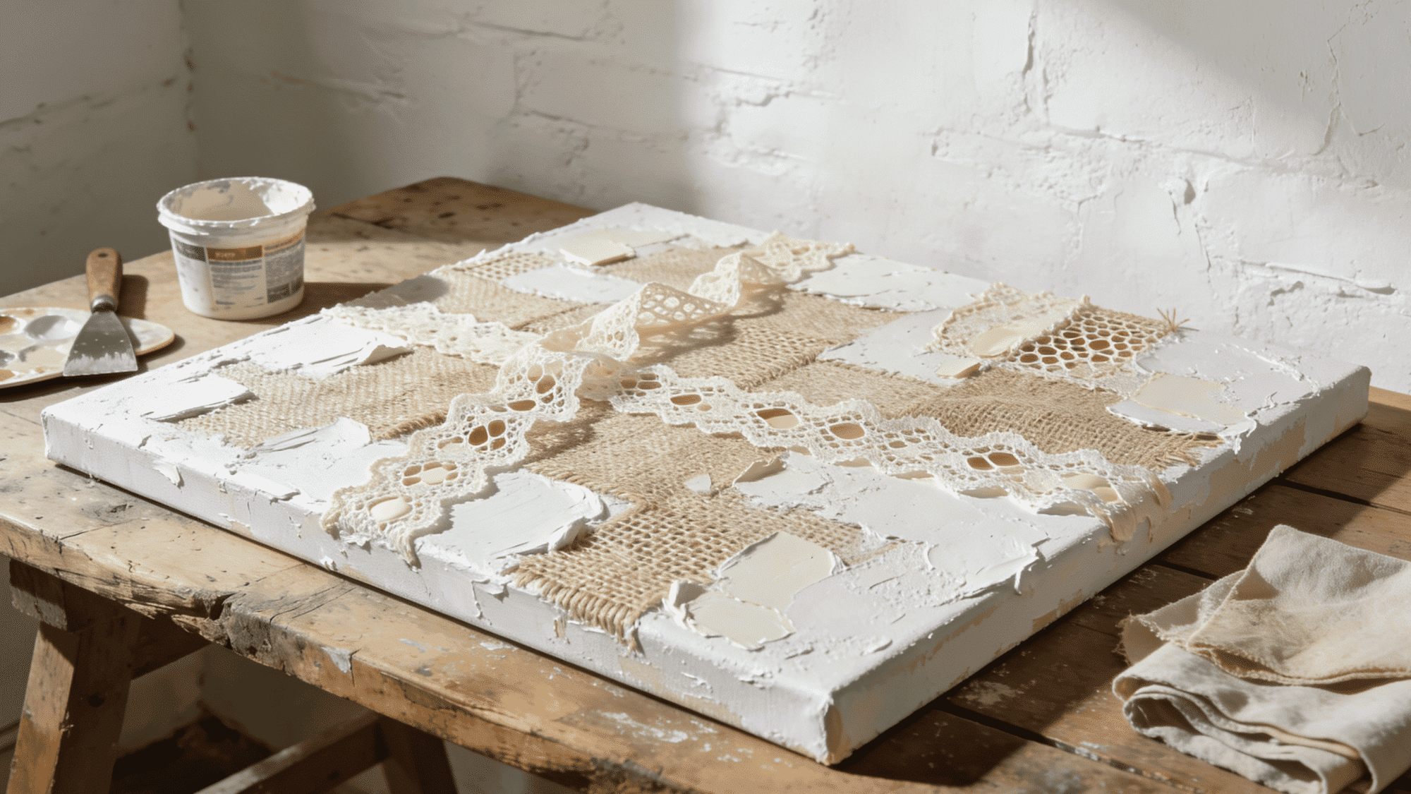 fabric and plaster mixed media canvas art with embedded lace and burlap in chalk white finish