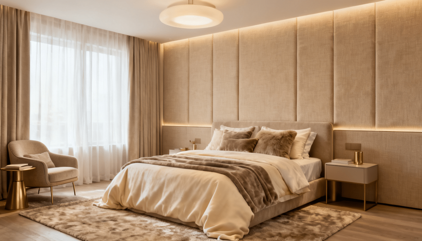 Fabric panel accent wall adding softness, texture, and luxury to a stylish bedroom.