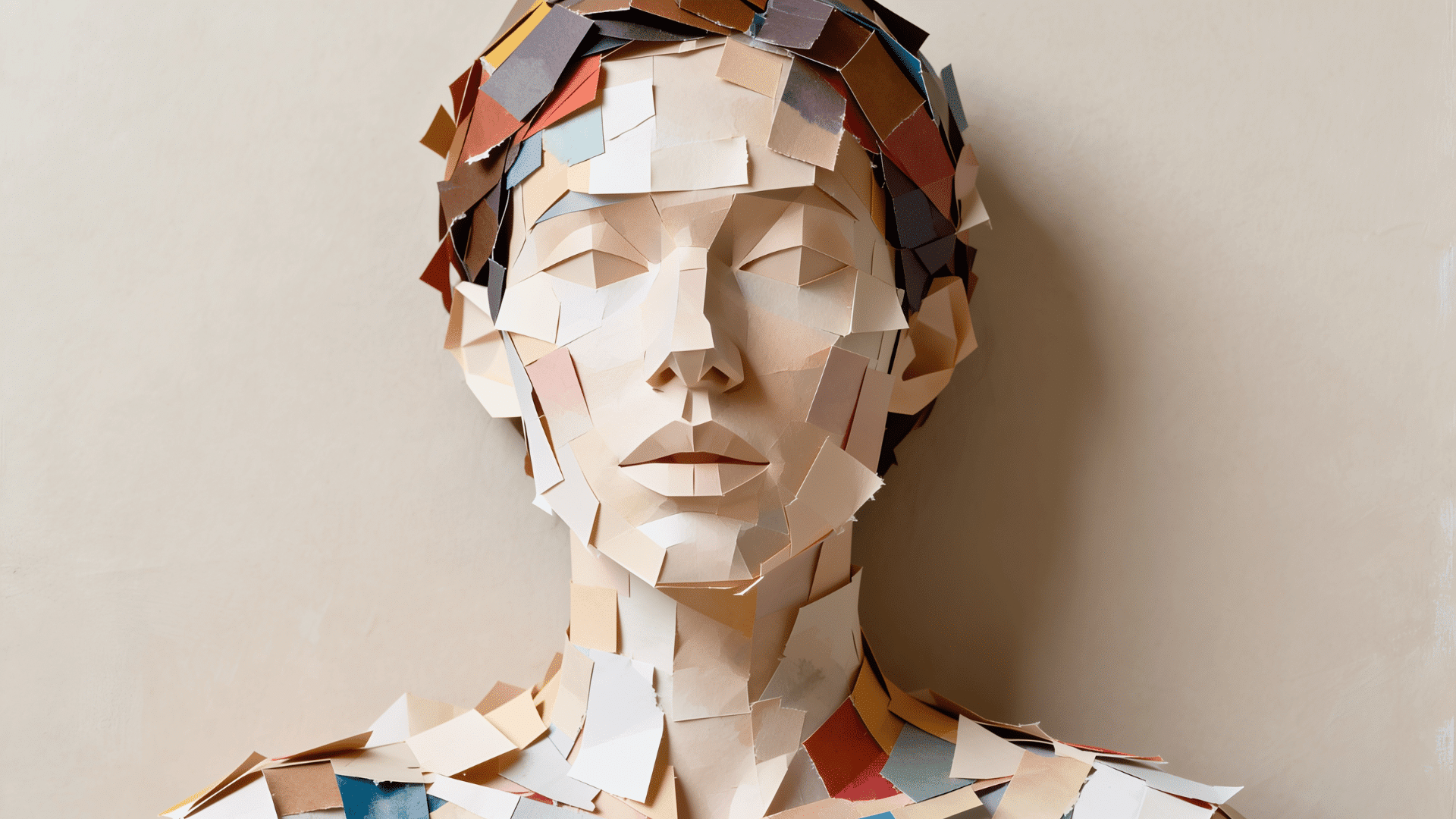 faceless paper collage portrait with layered paper scraps and painted details on mixed media paper
