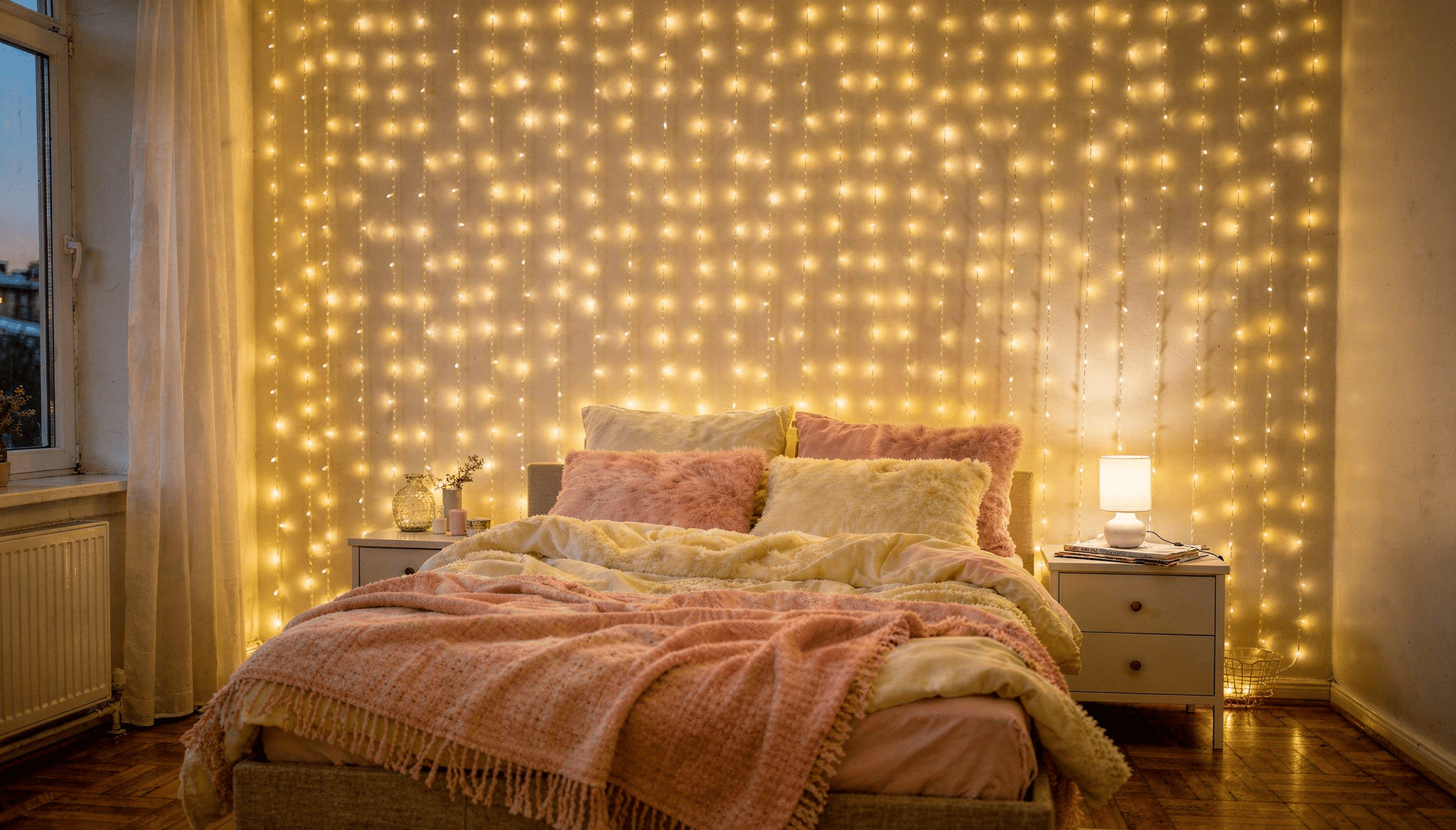 Warm fairy lights arranged on a wall creating a soft glowing and cozy ambiance in a room.