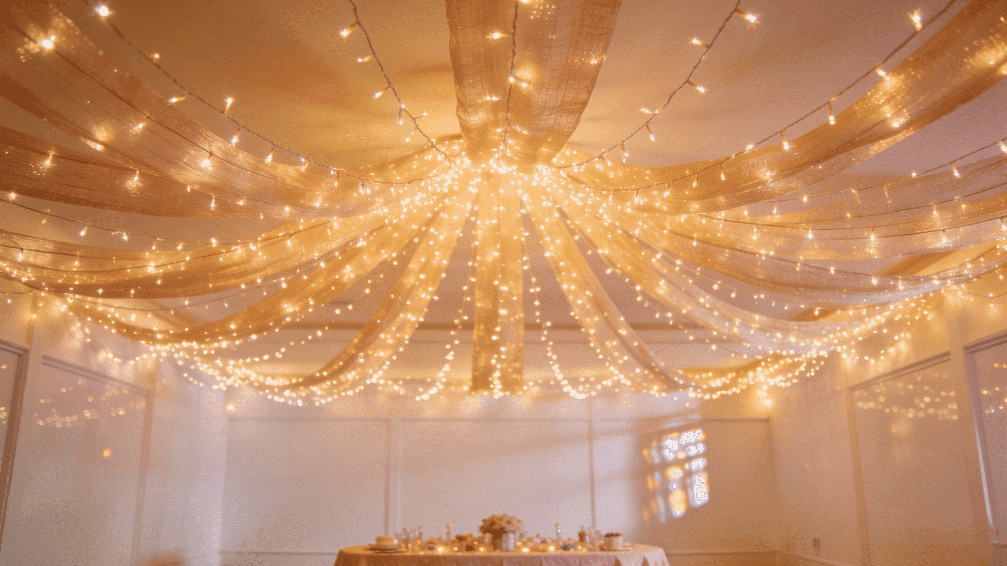 fairy lights in a canopy pattern across a party room ceiling casting a warm golden glow over a table below