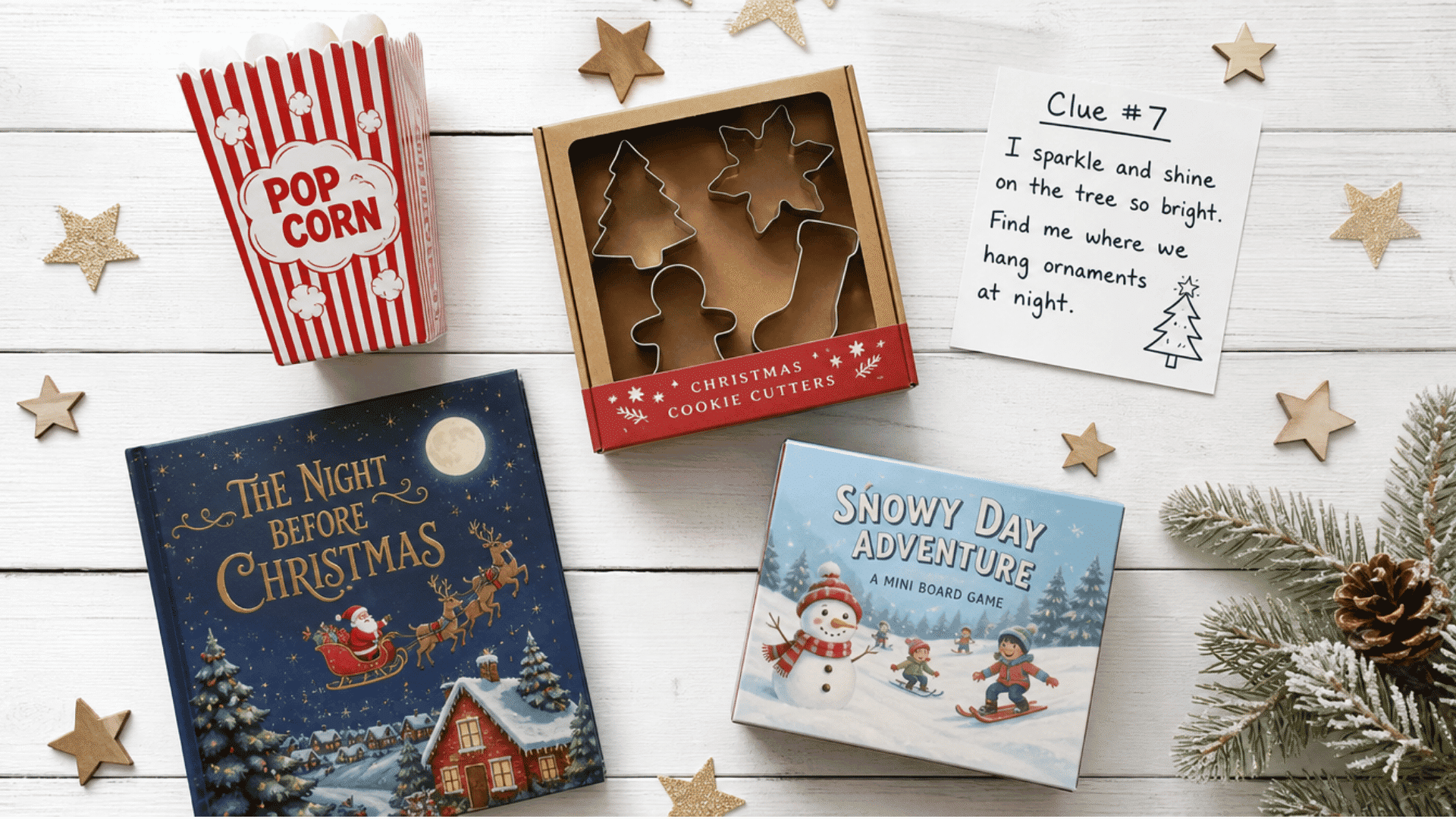 family advent calendar with popcorn box, cookie cutters, scavenger hunt clue, christmas book, and board game