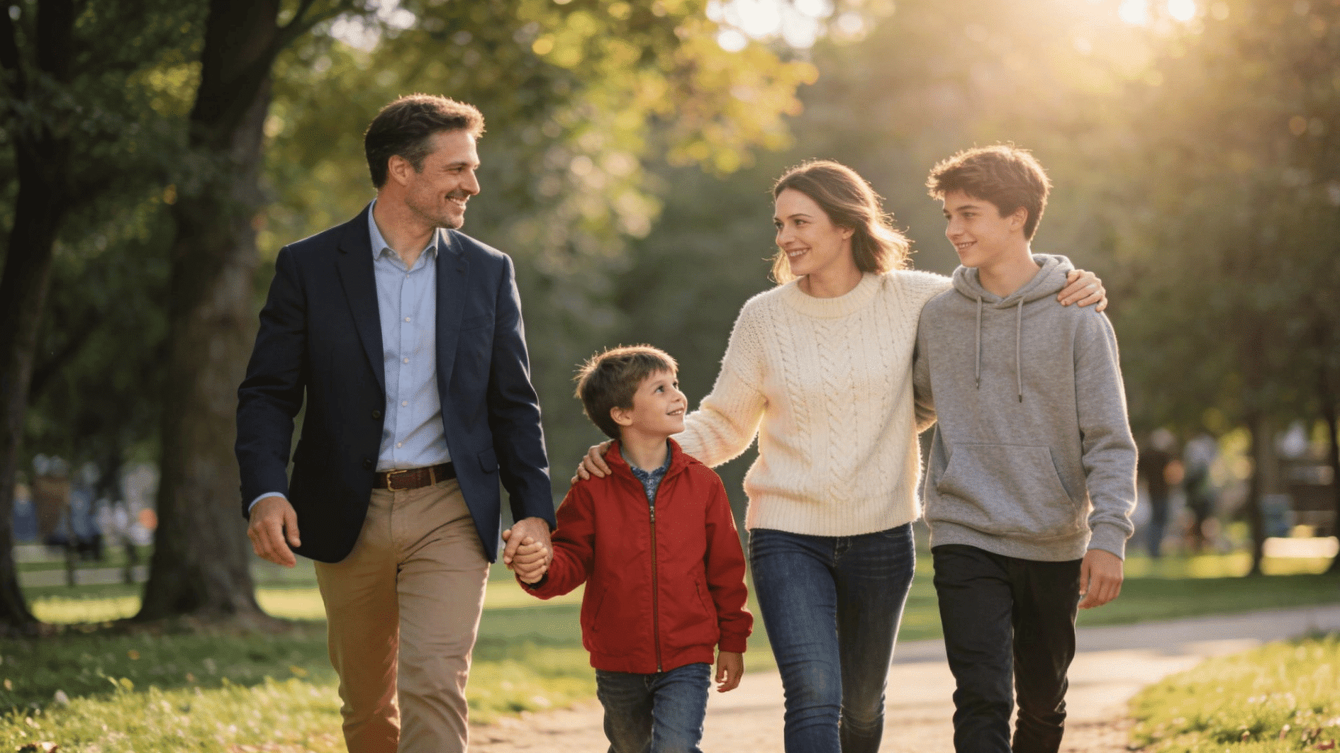 family of four walking together in a sunny park while smiling and enjoying time outdoors