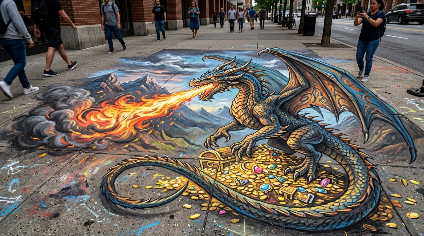 bold fantasy chalk art dragon with wings, horns, long tail, claws, scales, fire, smoke, t