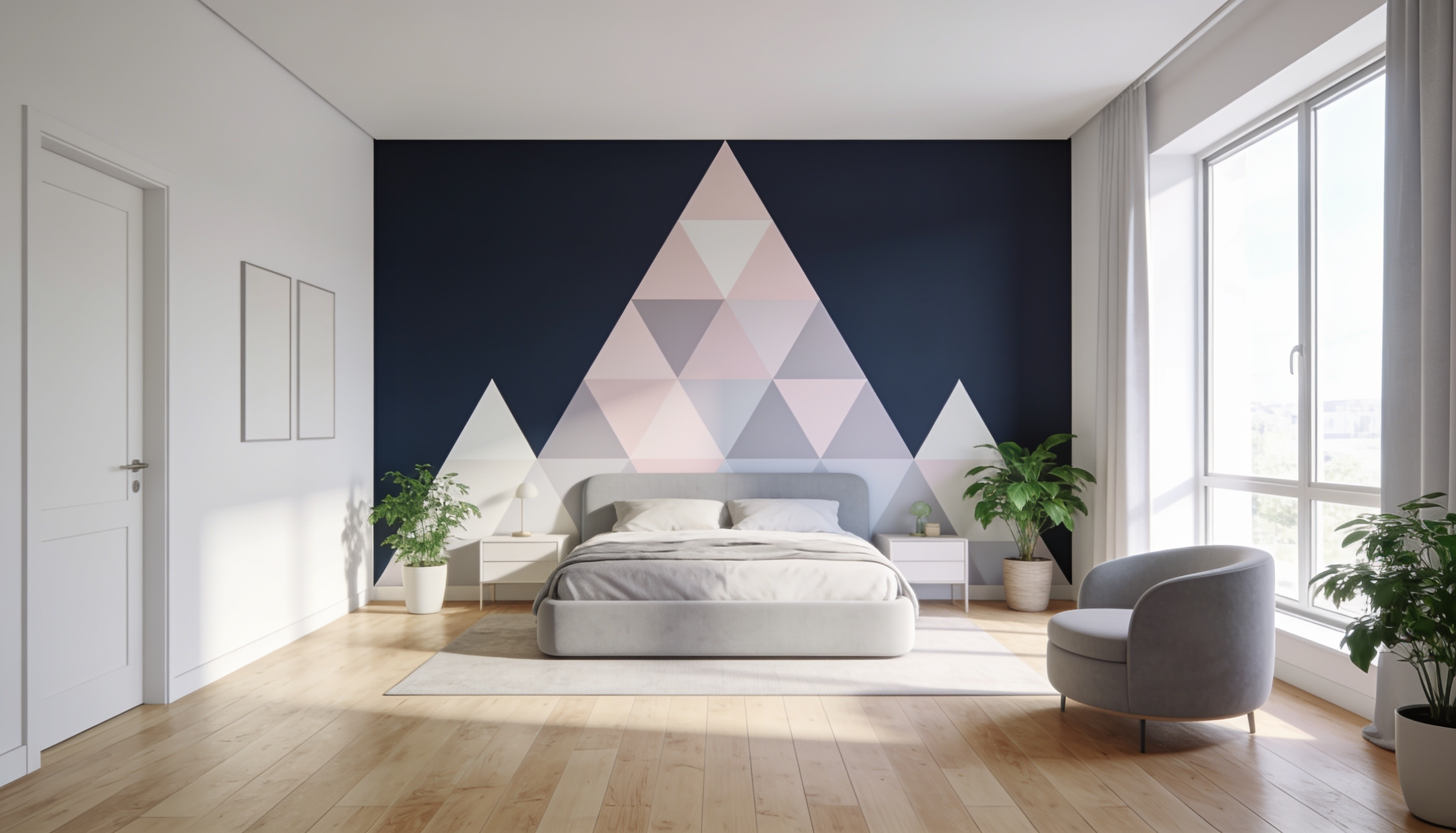 DIY triangle faux wallpaper wall with painted geometric shapes in a modern bedroom