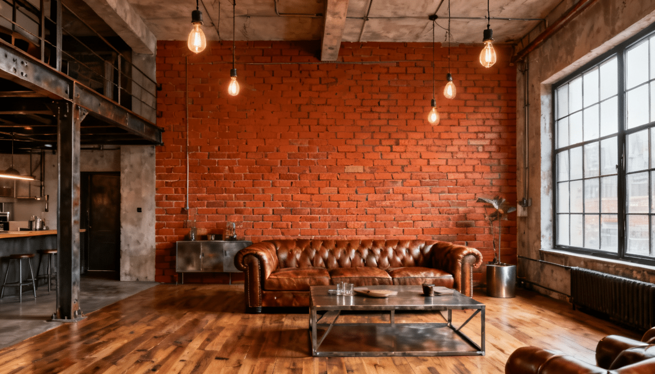 Painted faux brick accent wall bringing industrial texture and urban character to a living space.