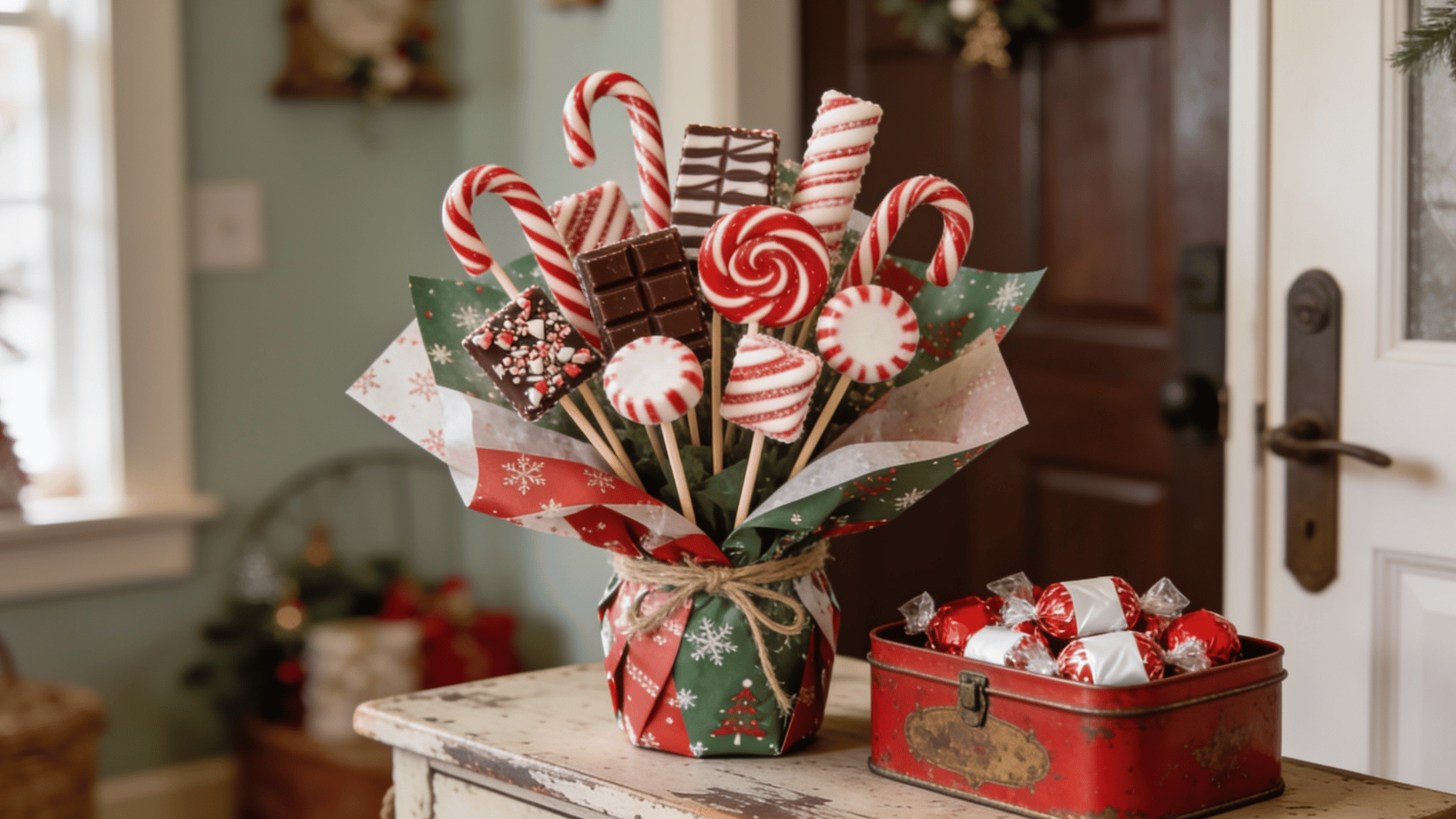 festive holiday candy bouquet with candy canes chocolates and peppermint treats wrapped in seasonal paper