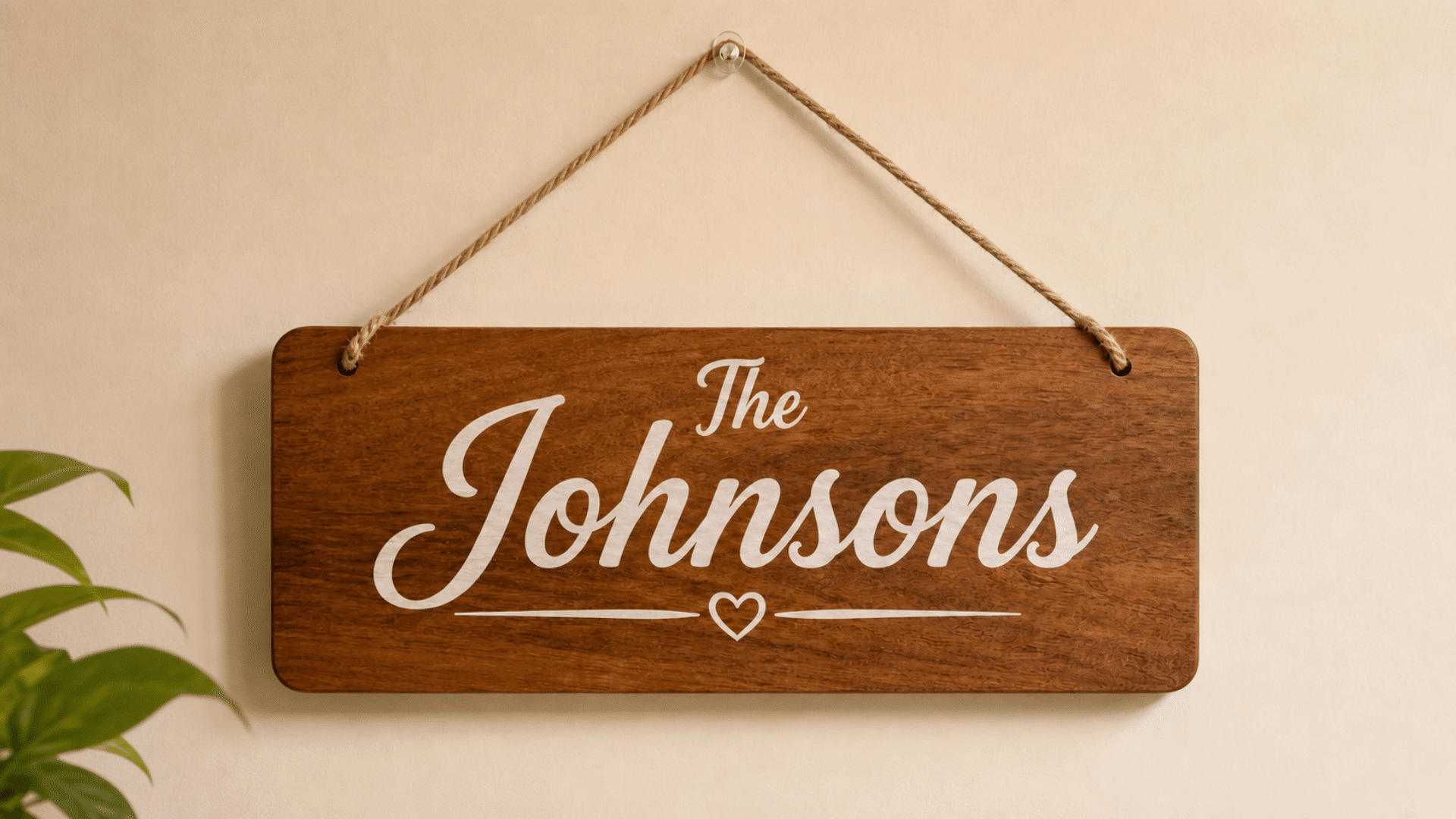 finished hanging wooden name board with smooth surface and clean engraved or painted text, simple rope hanger attached at top, displayed on a plain light wall with soft indoor natural lighting, mi
