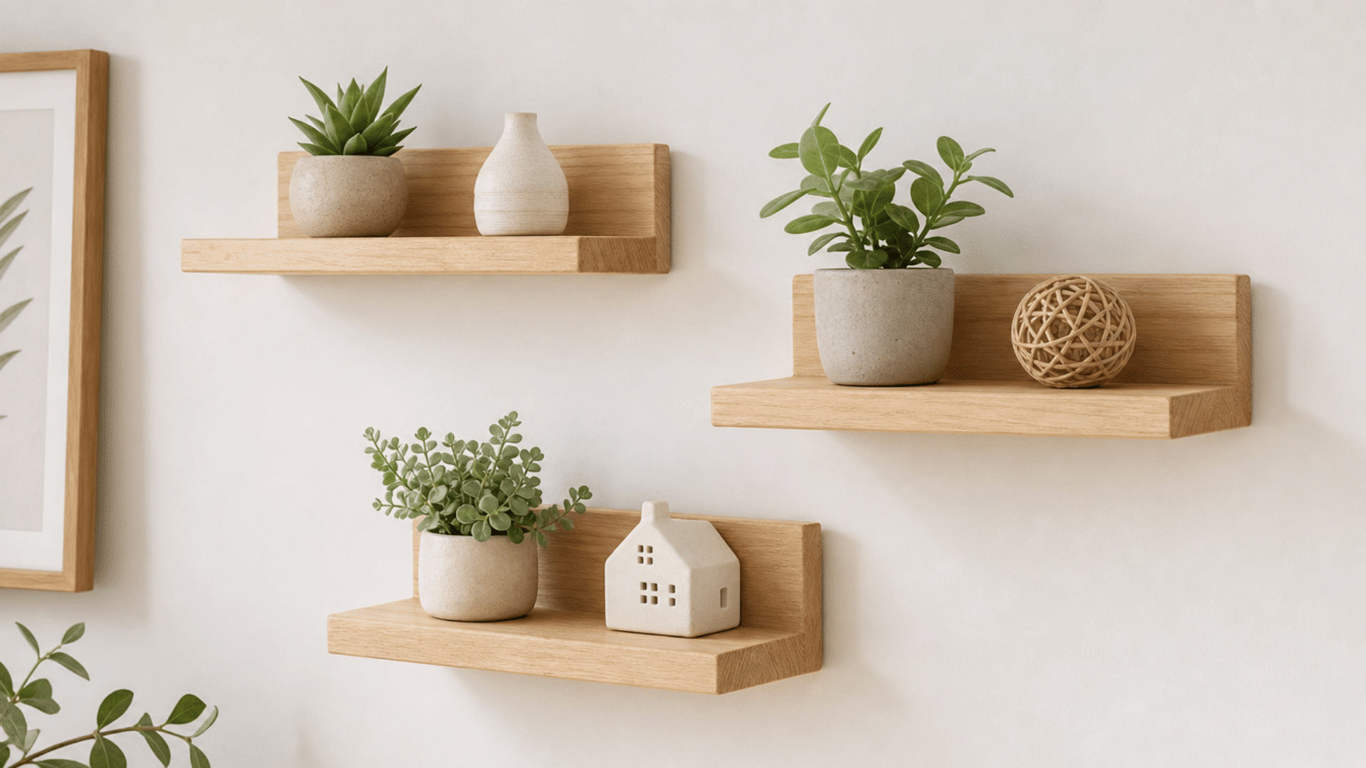 finished mini wooden wall shelves made from simple smooth wood boards, light natural finish with clean edges, mounted on a plain indoor wall holding small decor items like tiny plants or neutral o