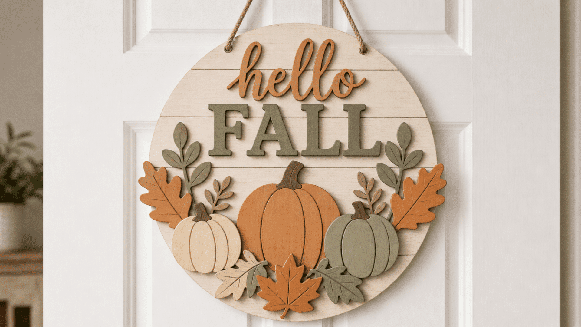 finished seasonal wooden door decor made from simple wood shapes arranged in a balanced design, light painted finish with soft seasonal tones, displayed on a plain door with natural indoor lightin