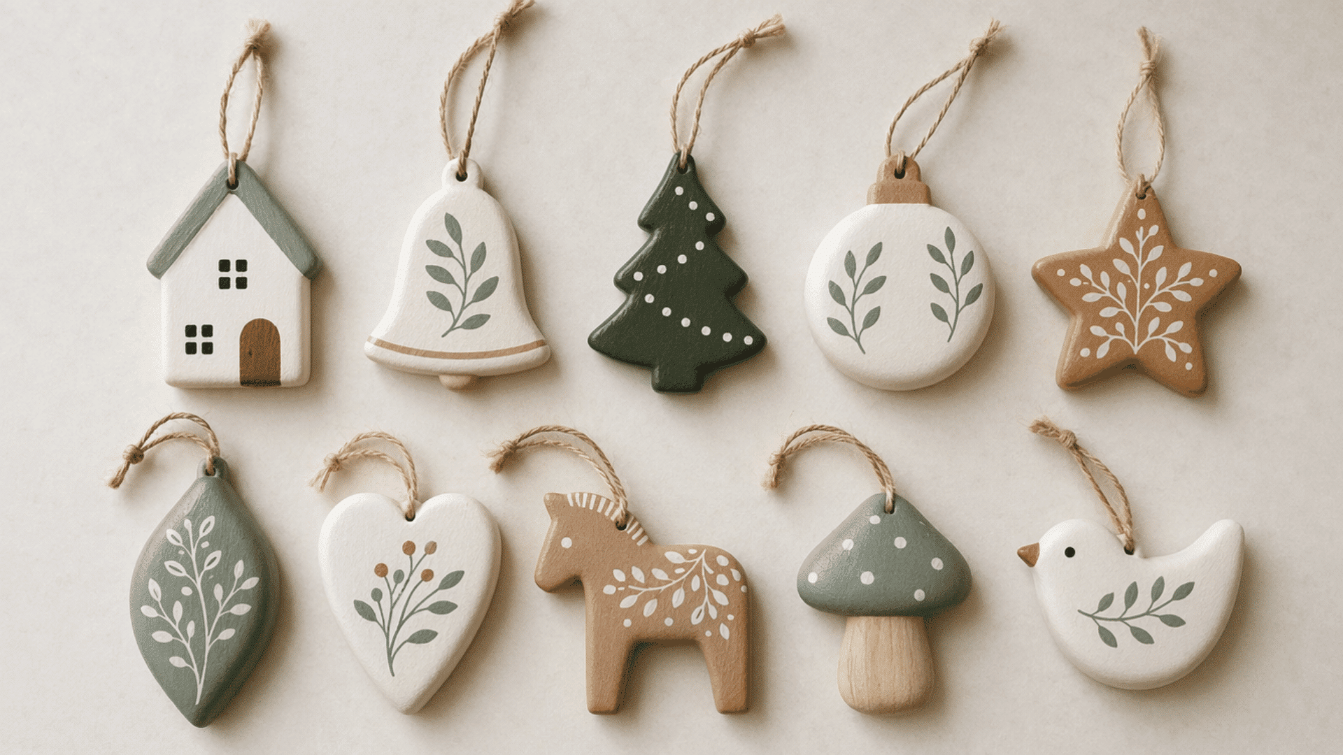 finished set of painted wooden ornaments made from small smooth wood shapes, clean hand-painted patterns with soft neutral tones, lightly glossy finish, arranged neatly on a simple light backgroun