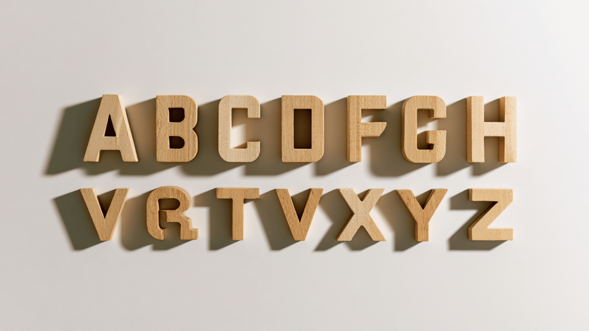 finished set of wooden alphabet letters made from smooth natural wood with clean edges and light matte finish, arranged neatly to form a simple word display
