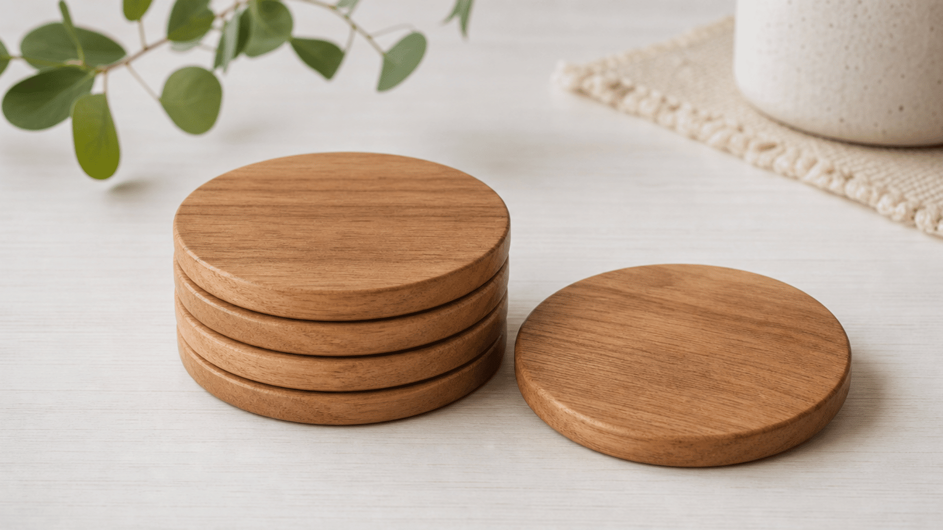 finished set of wooden coasters made from smooth round wood pieces, natural light brown finish with clean edges, neatly arranged on a simple light table surface