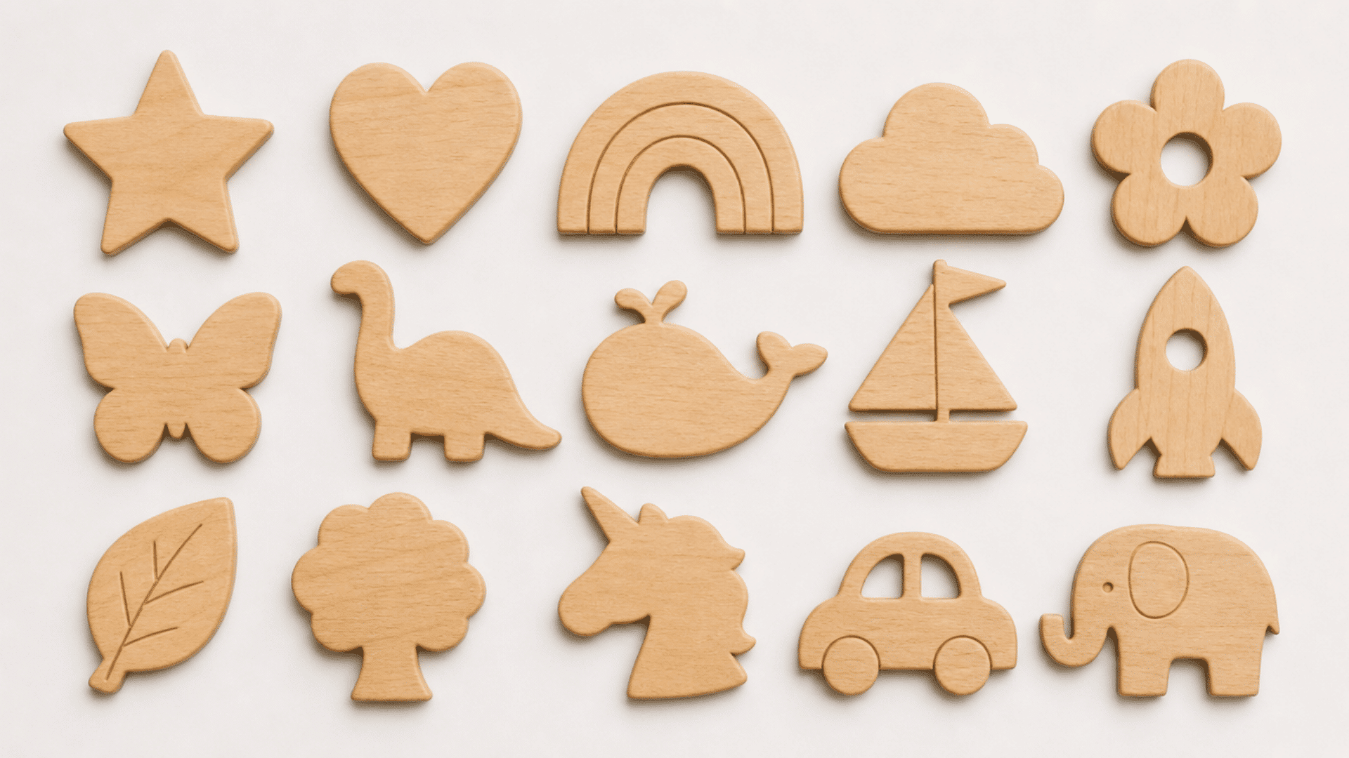 finished set of wooden kids craft shapes made from smooth lightweight wood cutouts, simple clean edges with soft natural finish, arranged neatly on a light neutral surface, soft indoor lighting, m