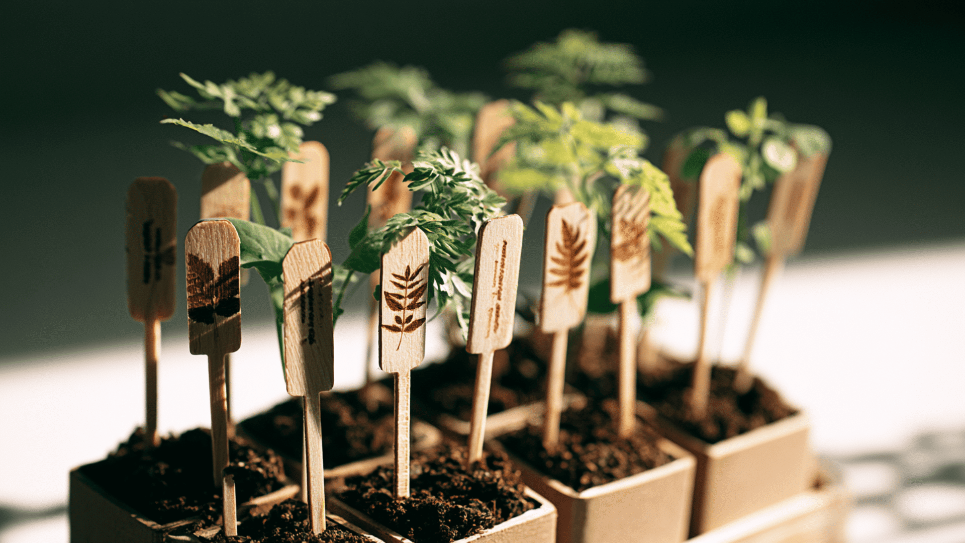finished set of wooden plant markers made from small smooth natural wood sticks, clean engraved or hand-painted plant names, light matte finish