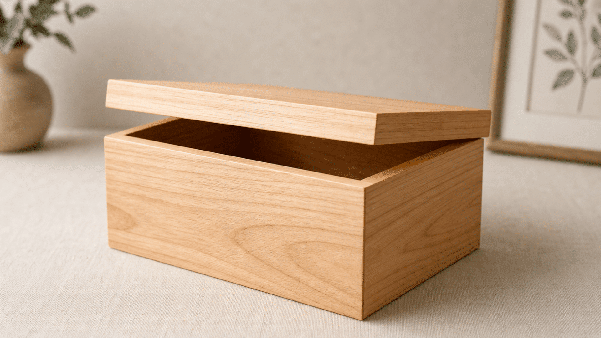 finished small wooden storage box made from smooth natural wood, simple rectangular design with clean edges and light finish, placed on a neutral surface in soft indoor lighting, minimal home deco