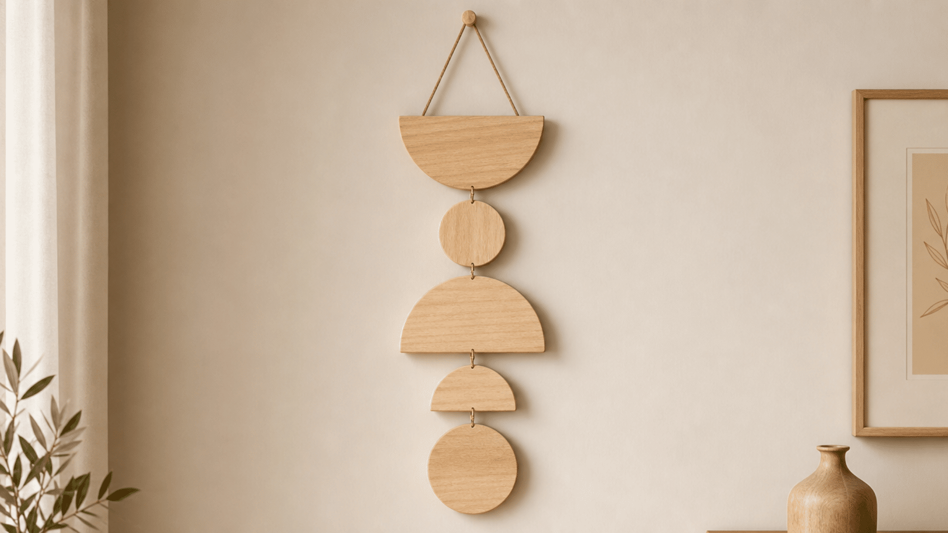 finished wall hanging wooden shapes decor made from smooth natural wood cutouts arranged in a balanced vertical layout, soft matte finish with light neutral tones, displayed on a plain indoor wall