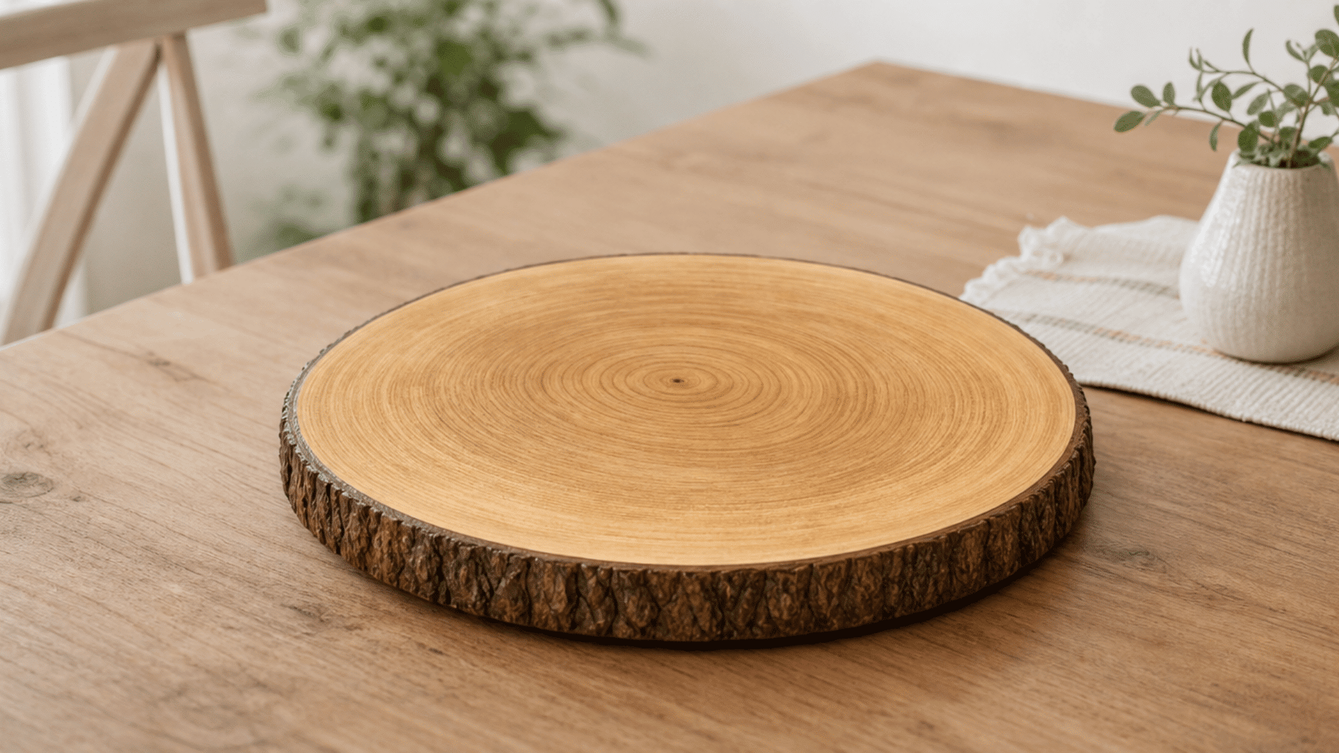 finished wood slice table decor piece with smooth natural wood surface, light varnish finish, placed on a clean dining table with minimal styling, soft natural indoor lighting