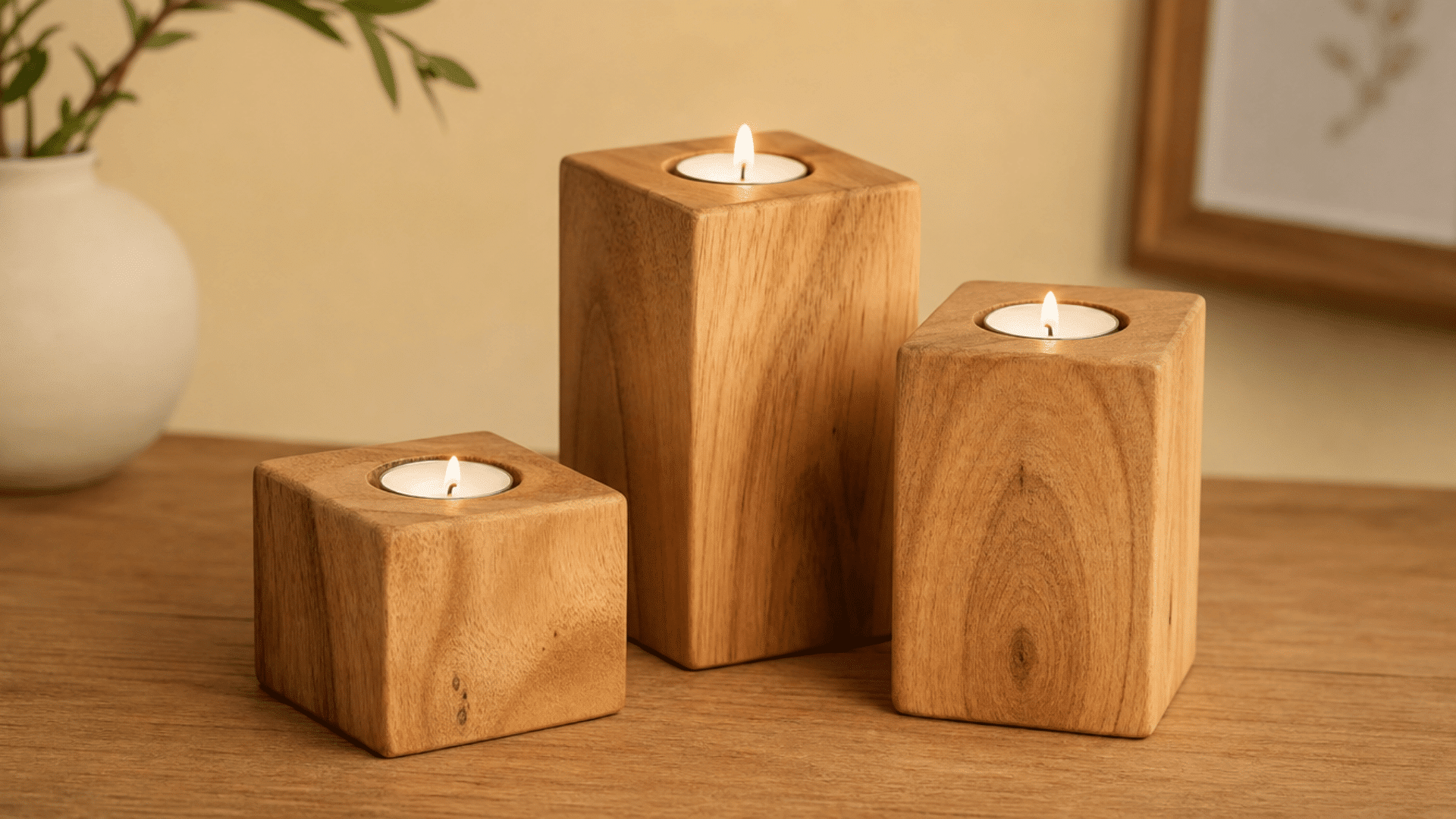 finished wooden candle holders made from smooth natural wood blocks with clean circular candle slots, soft matte finish, arranged neatly on a simple table surface, warm indoor lighting