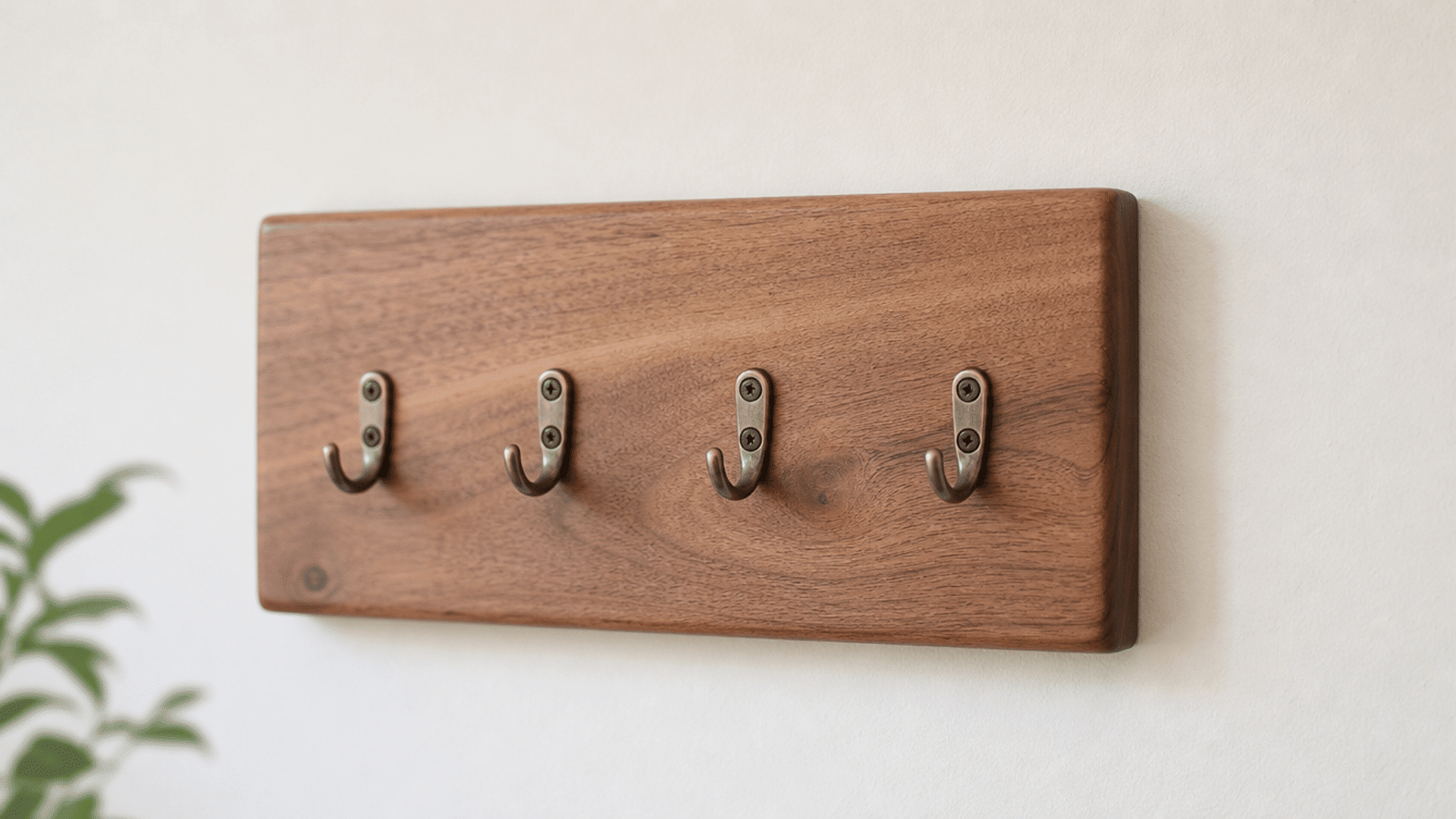 finished wooden key holder made from smooth natural wood board with neatly attached metal hooks, clean matte finish, mounted on a plain light wall, soft natural indoor lighting